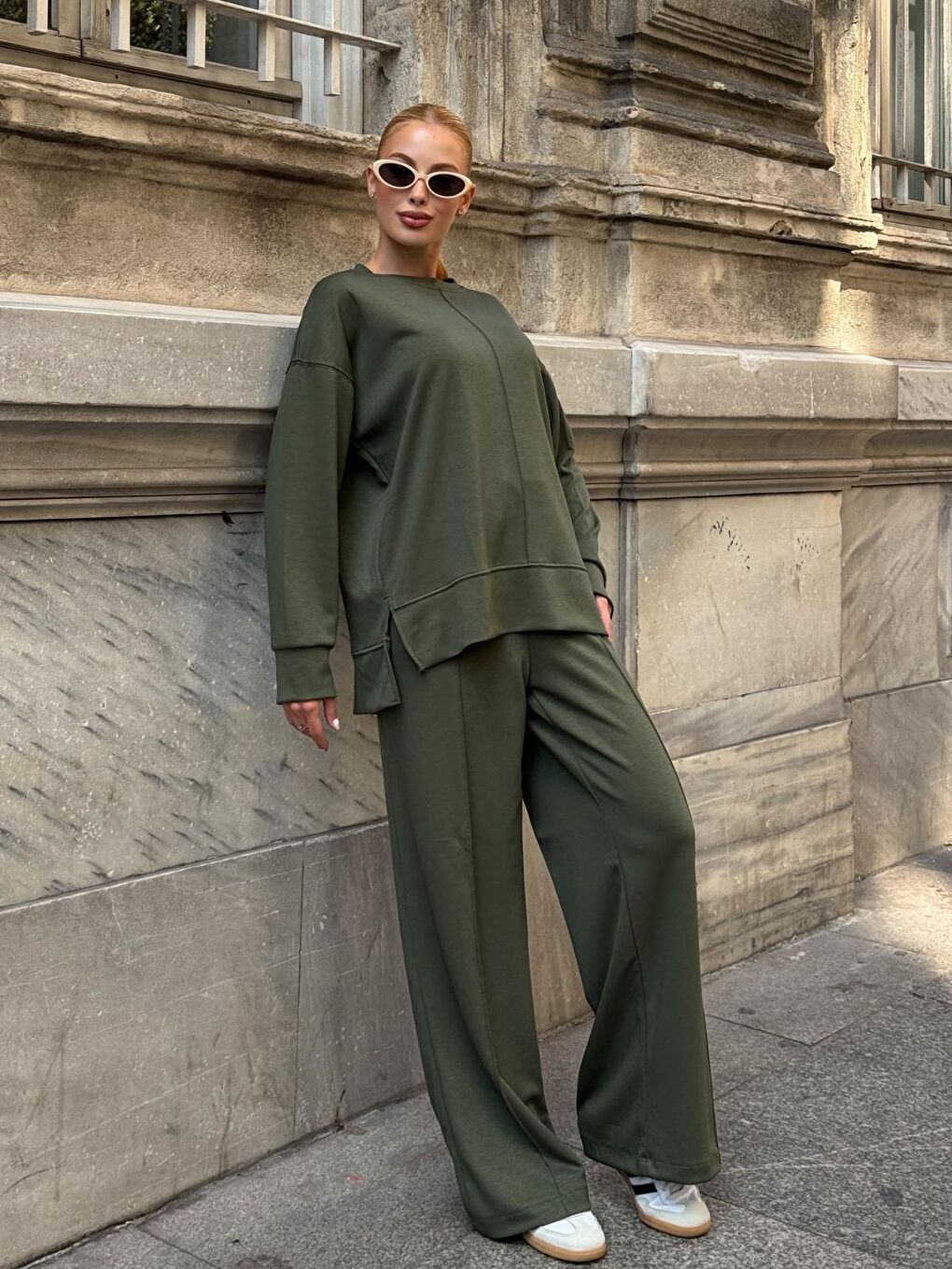 Modal Kumaş Haki Oversize Sweat İkili Takım