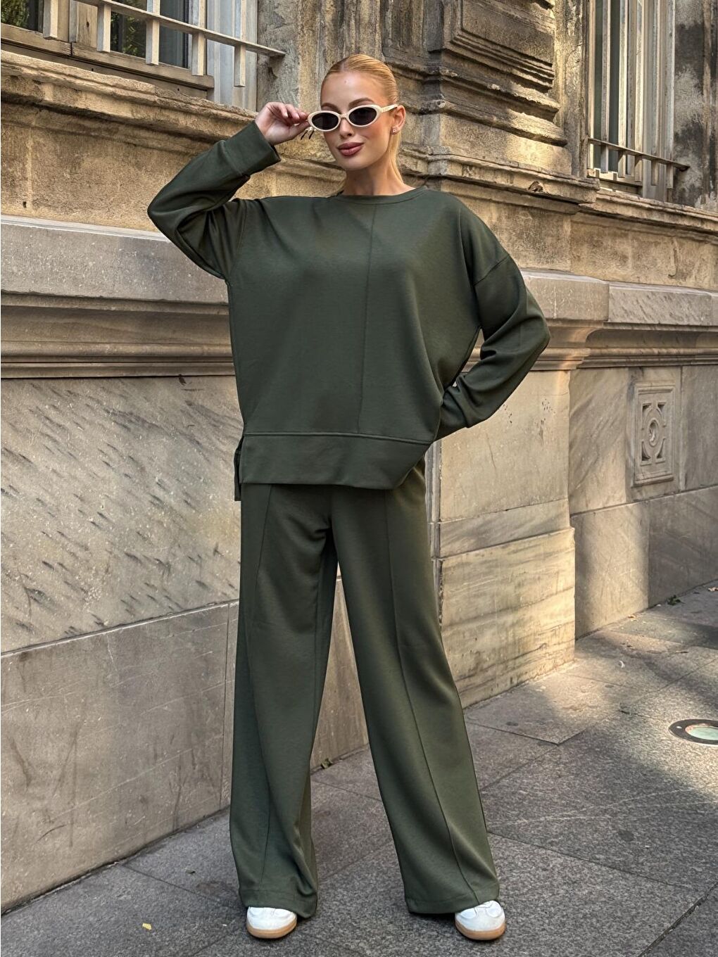 Modal Kumaş Haki Oversize Sweat İkili Takım-1