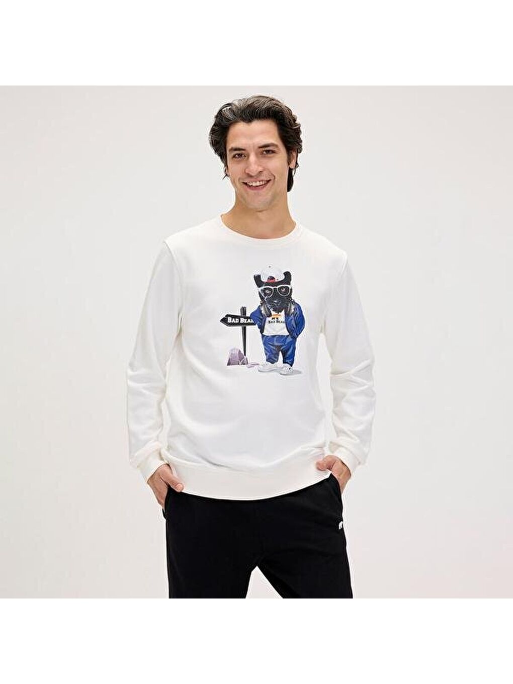 Panther Crewneck Erkek Beyaz Yuvarlak Yaka Sweatshirt-2