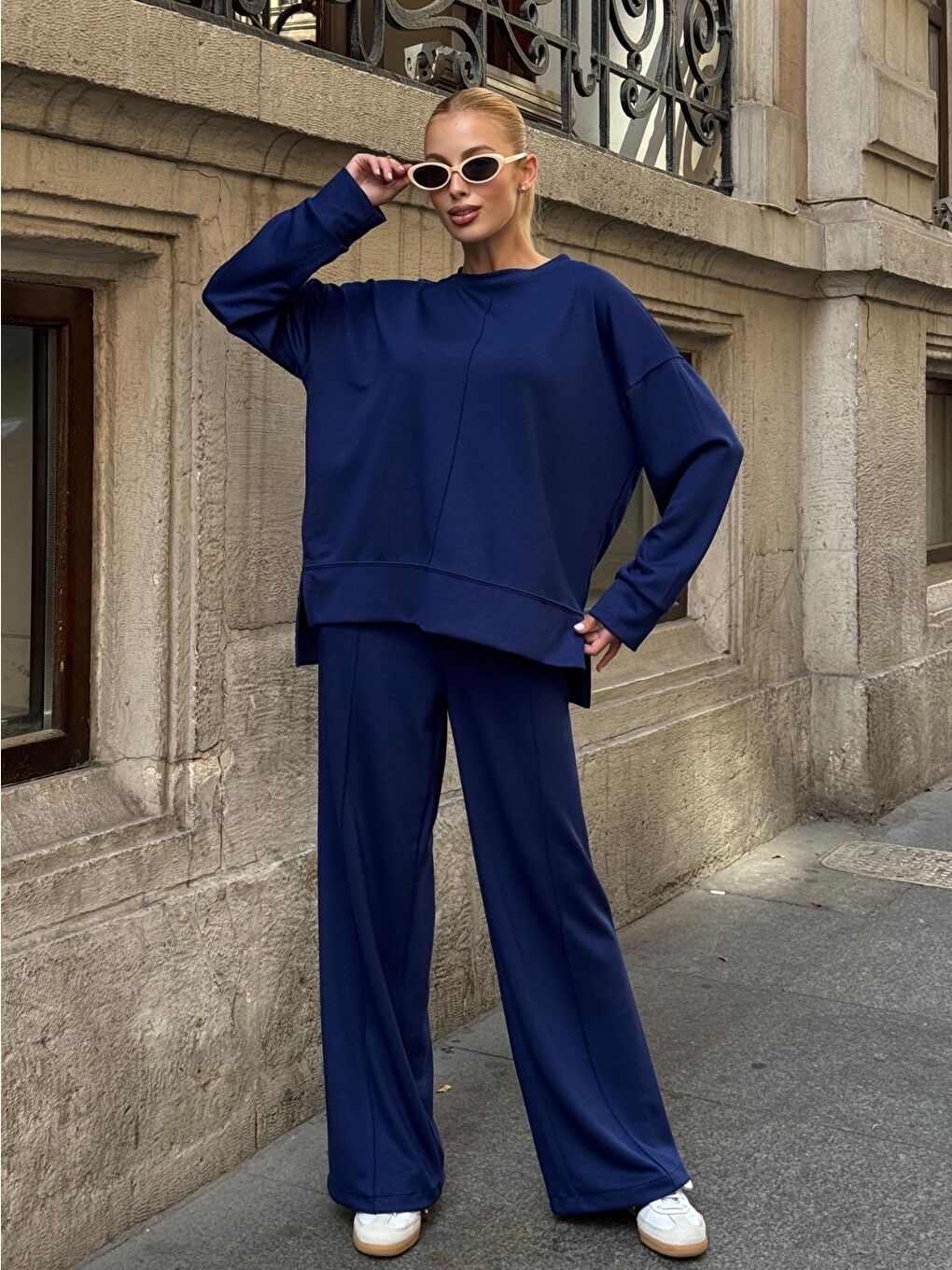 Modal Kumaş Lacivert Oversize Sweat İkili Takım