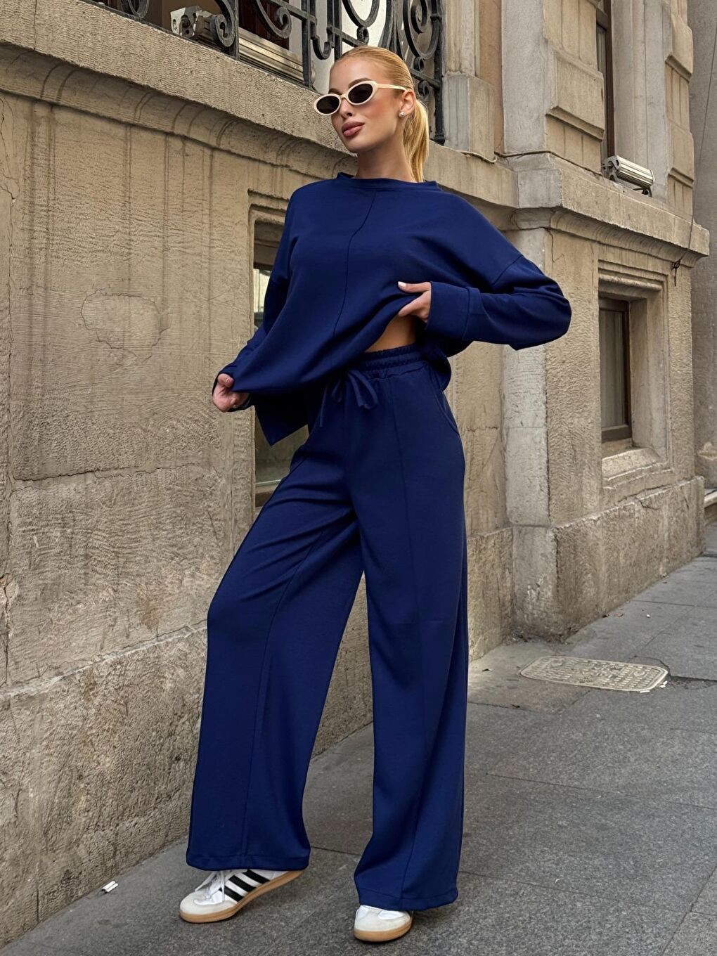 Modal Kumaş Lacivert Oversize Sweat İkili Takım-1