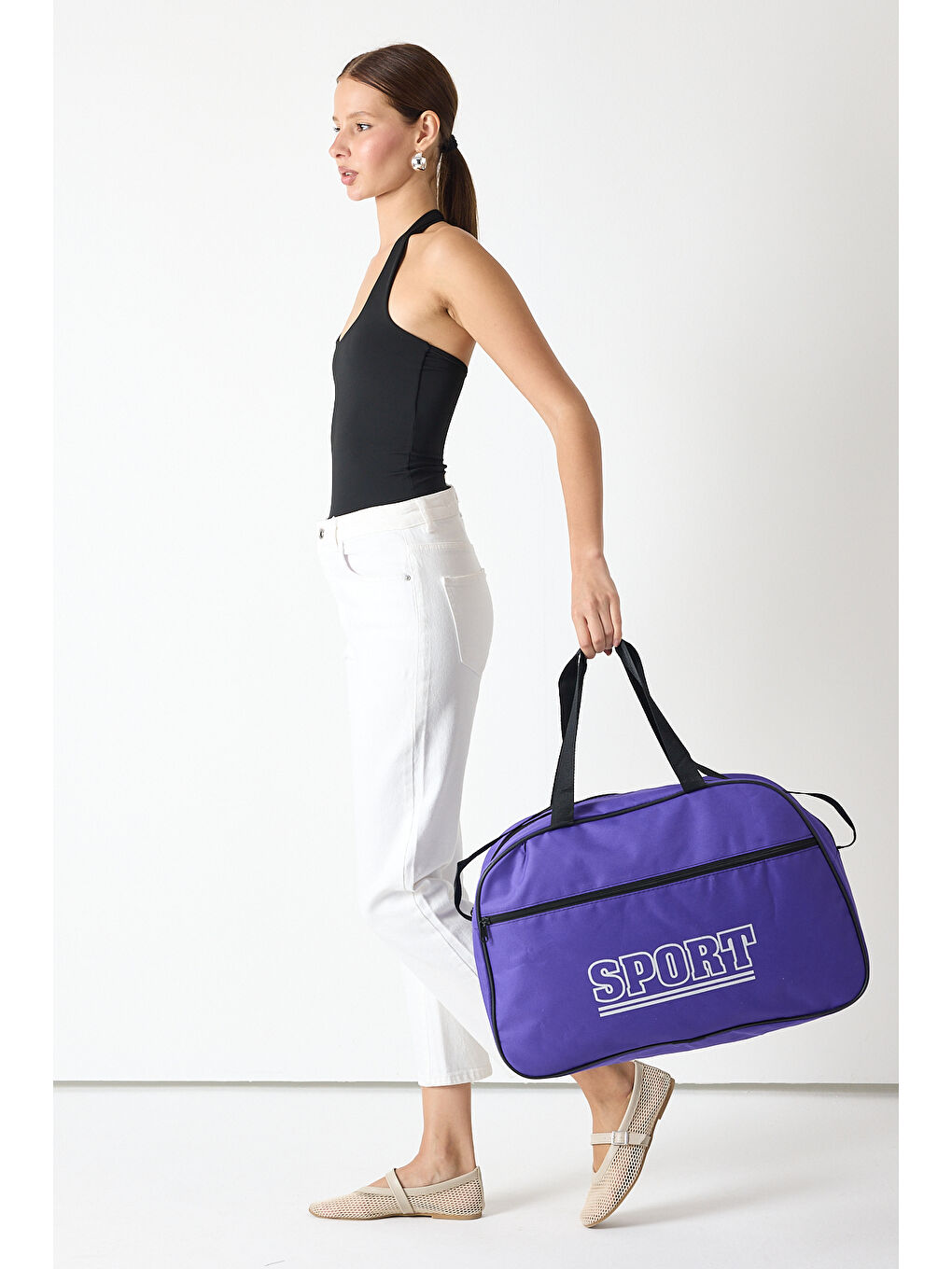 Kadın Mor Büyük Boy Önü Fermuarlı Baskılı Spor ve Seyahat Omuz Çantası-2