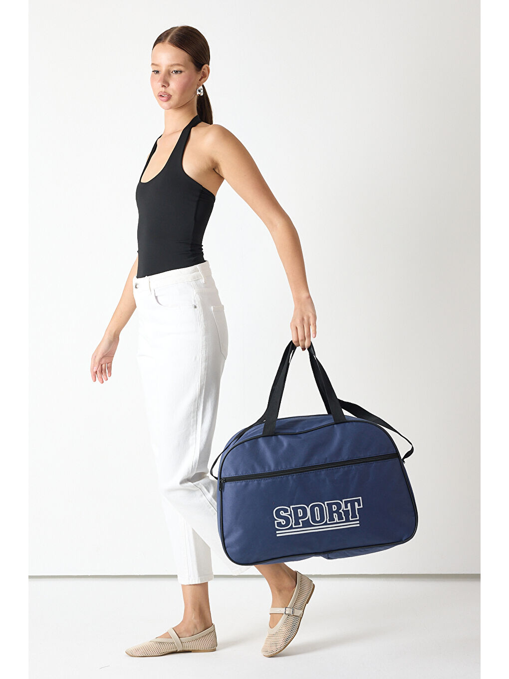 Kadın Lacivert Büyük Boy Önü Fermuarlı Baskılı Spor ve Seyahat Omuz Çantası-2