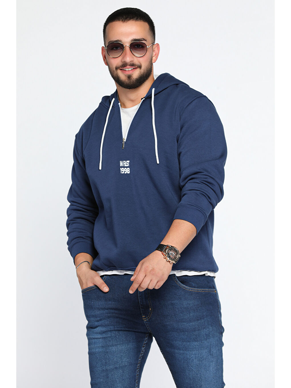 Mishar İtalia İndigo Erkek Kapüşonlu Yarım Fermuarlı Şardonlu Slim Fit Üç İplik Sweatshirt