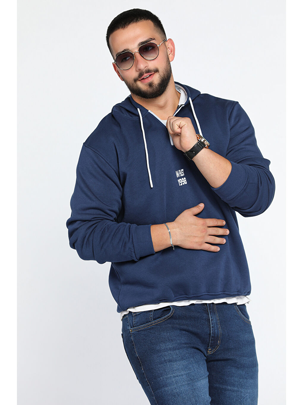 Mishar İtalia İndigo Erkek Kapüşonlu Yarım Fermuarlı Şardonlu Slim Fit Üç İplik Sweatshirt - 1