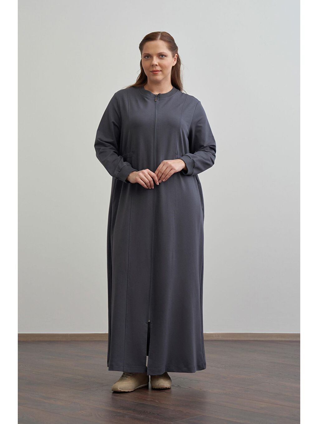 Antrasit-Pamuklu Fermuarlı Uzun Ferace-1