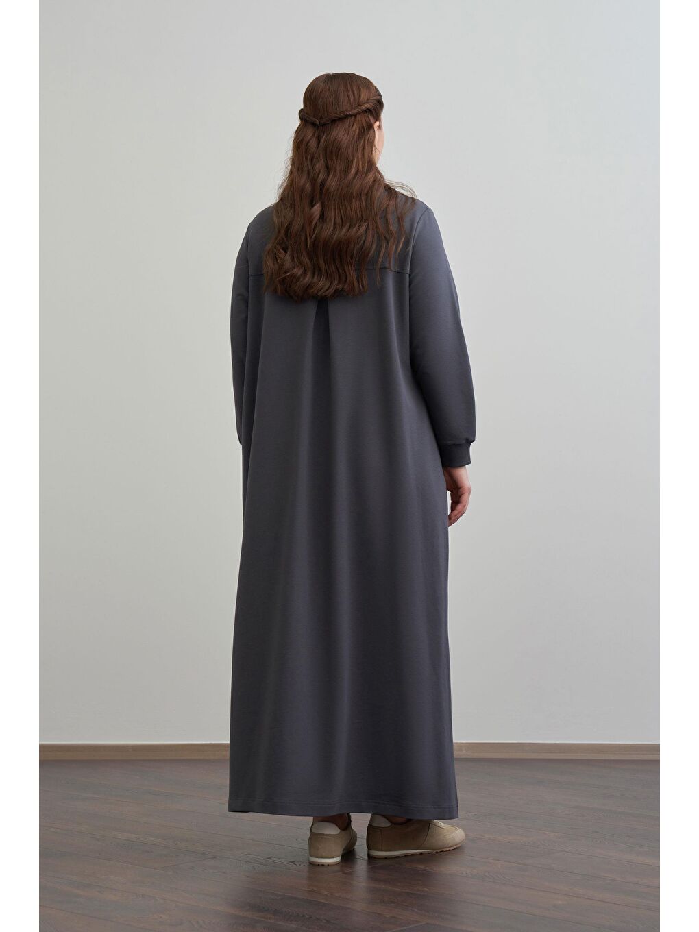 Antrasit-Pamuklu Fermuarlı Uzun Ferace-2