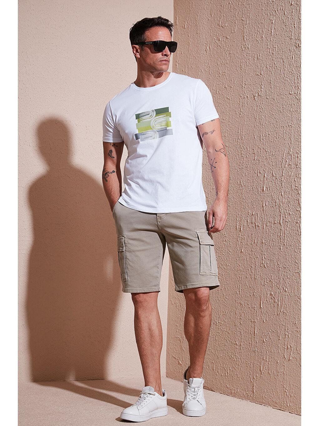 Bej Streç Pamuklu Regular Fit Normal Bel Kargo Cepli Şort 4510S79MILAN-2