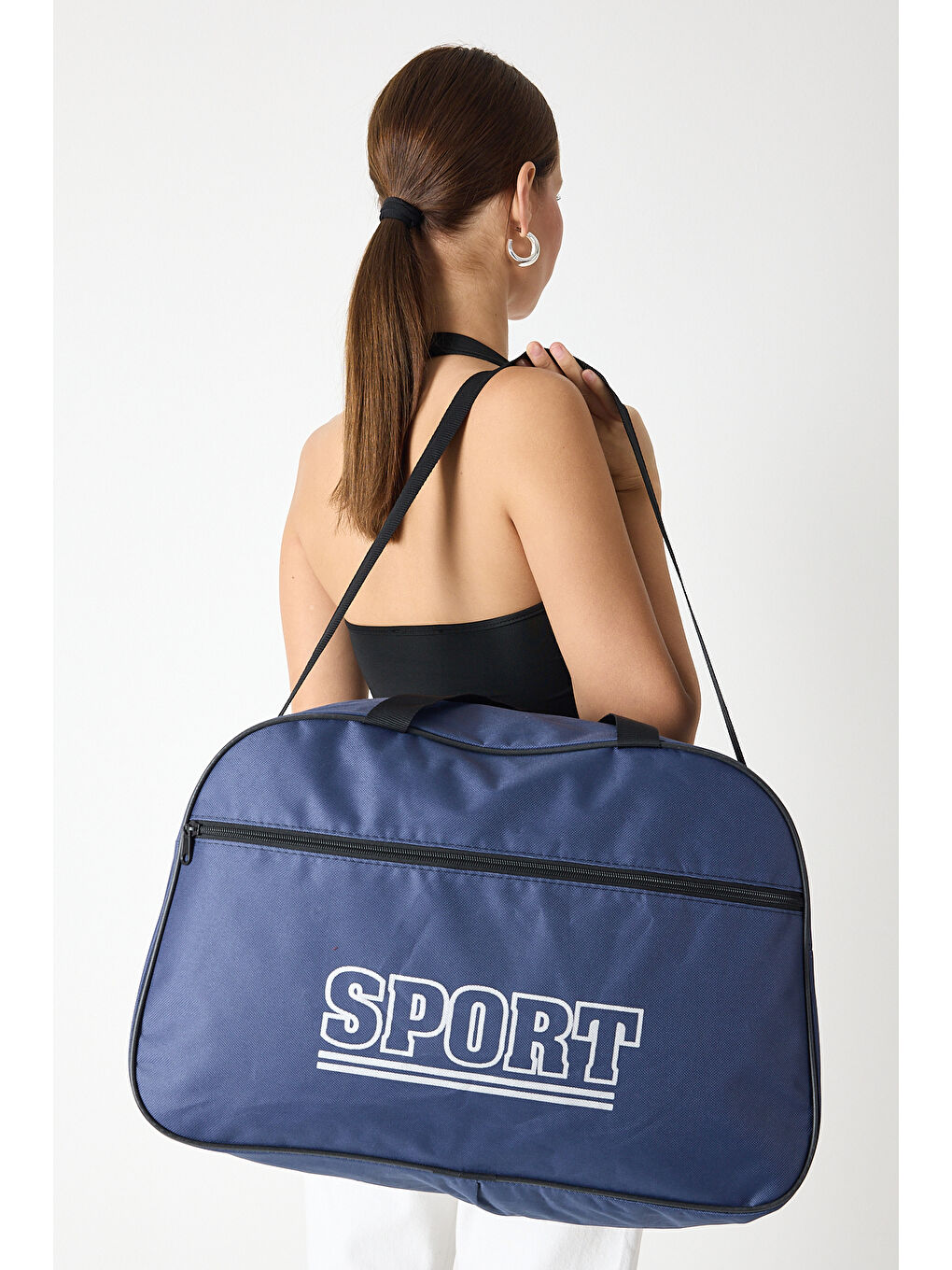 Kadın Lacivert Büyük Boy Önü Fermuarlı Baskılı Spor ve Seyahat Omuz Çantası-3