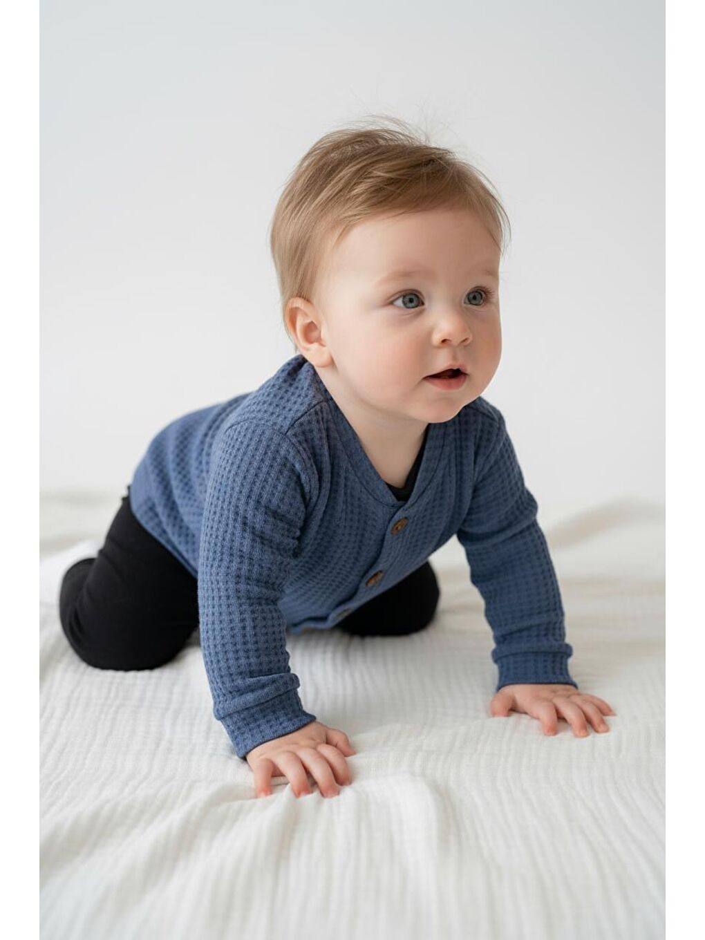 İndigo Elastanlı Gofre Bebek Hırka-4