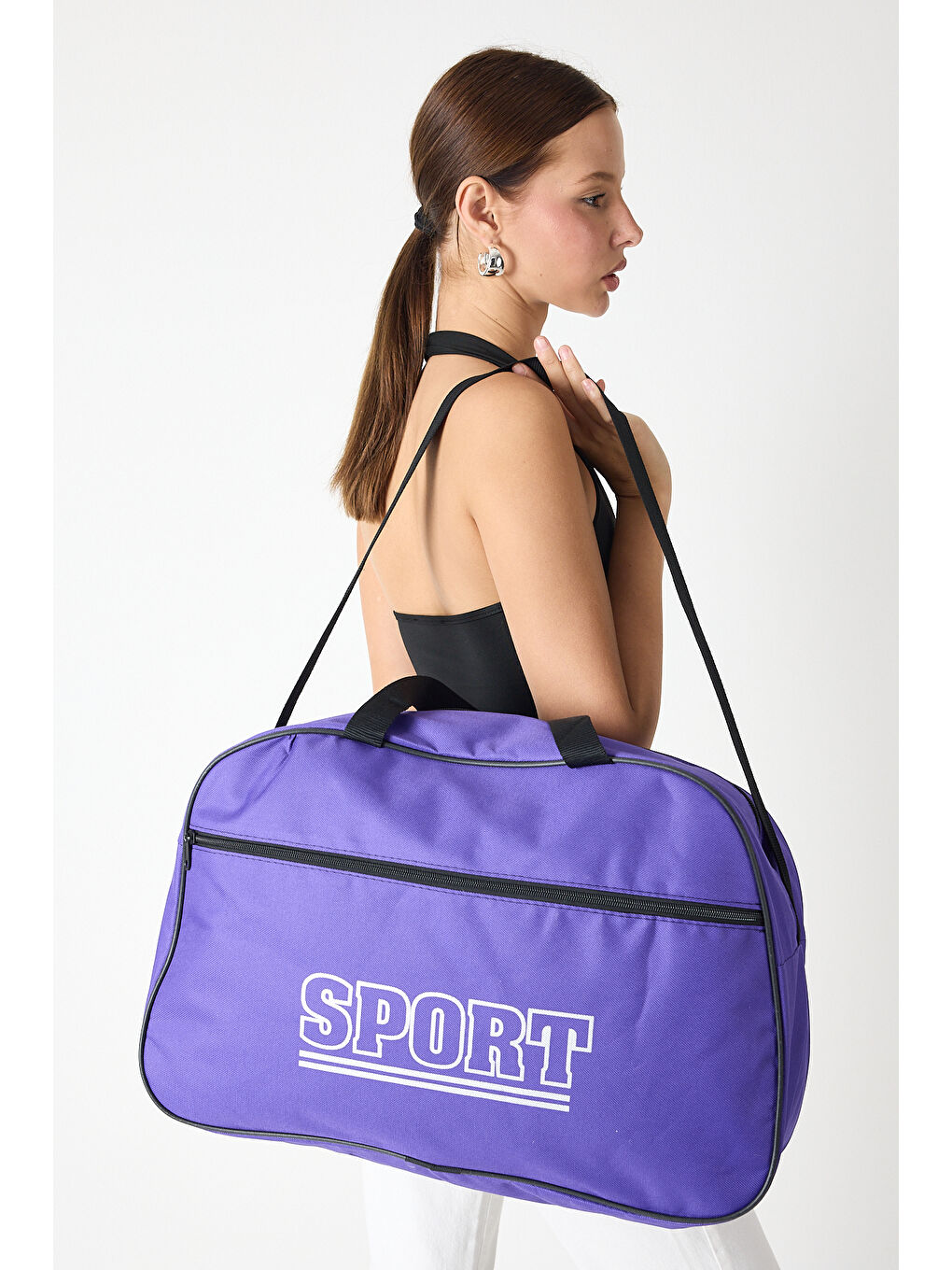 Kadın Mor Büyük Boy Önü Fermuarlı Baskılı Spor ve Seyahat Omuz Çantası-3