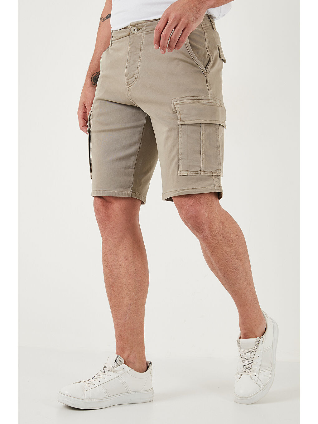 Bej Streç Pamuklu Regular Fit Normal Bel Kargo Cepli Şort 4510S79MILAN-3