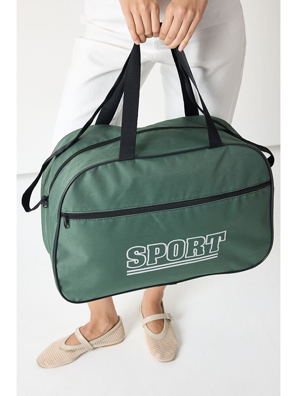 Kadın Yeşil Büyük Boy Önü Fermuarlı Baskılı Spor ve Seyahat Omuz Çantası-4