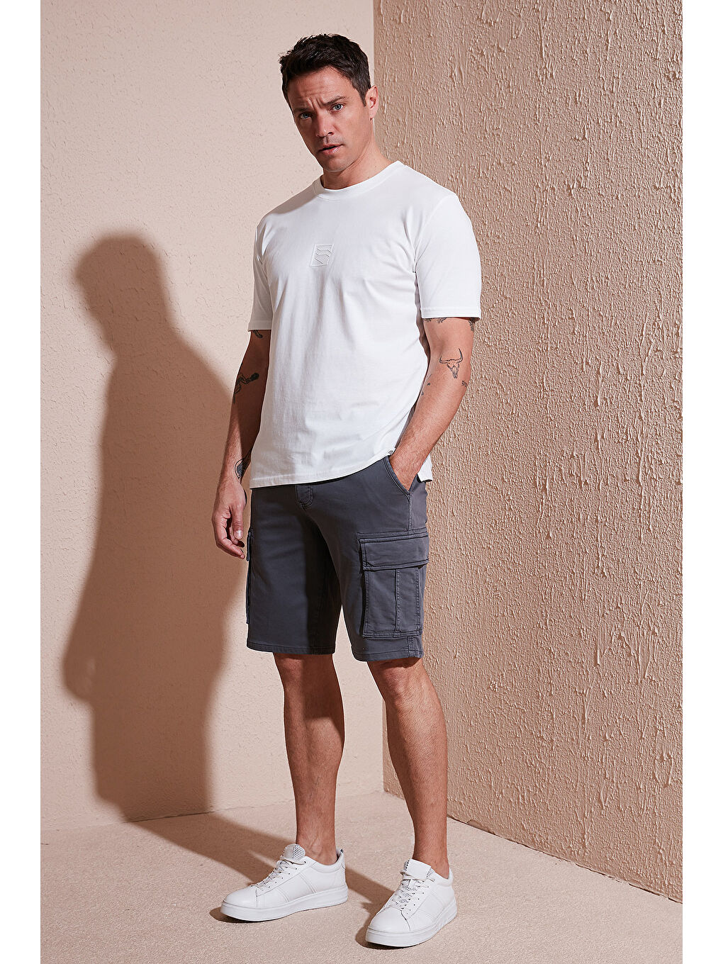 Gri Streç Pamuklu Regular Fit Normal Bel Kargo Cepli Şort 4510S79MILAN-3