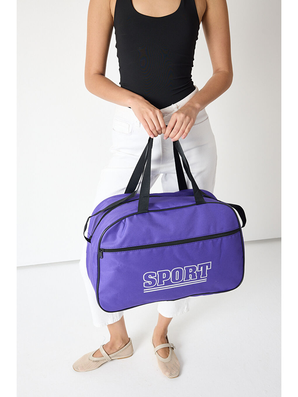 Kadın Mor Büyük Boy Önü Fermuarlı Baskılı Spor ve Seyahat Omuz Çantası-4