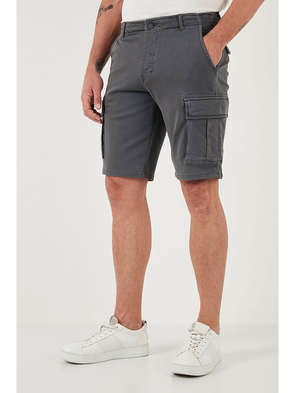 Gri Streç Pamuklu Regular Fit Normal Bel Kargo Cepli Şort 4510S79MILAN-4