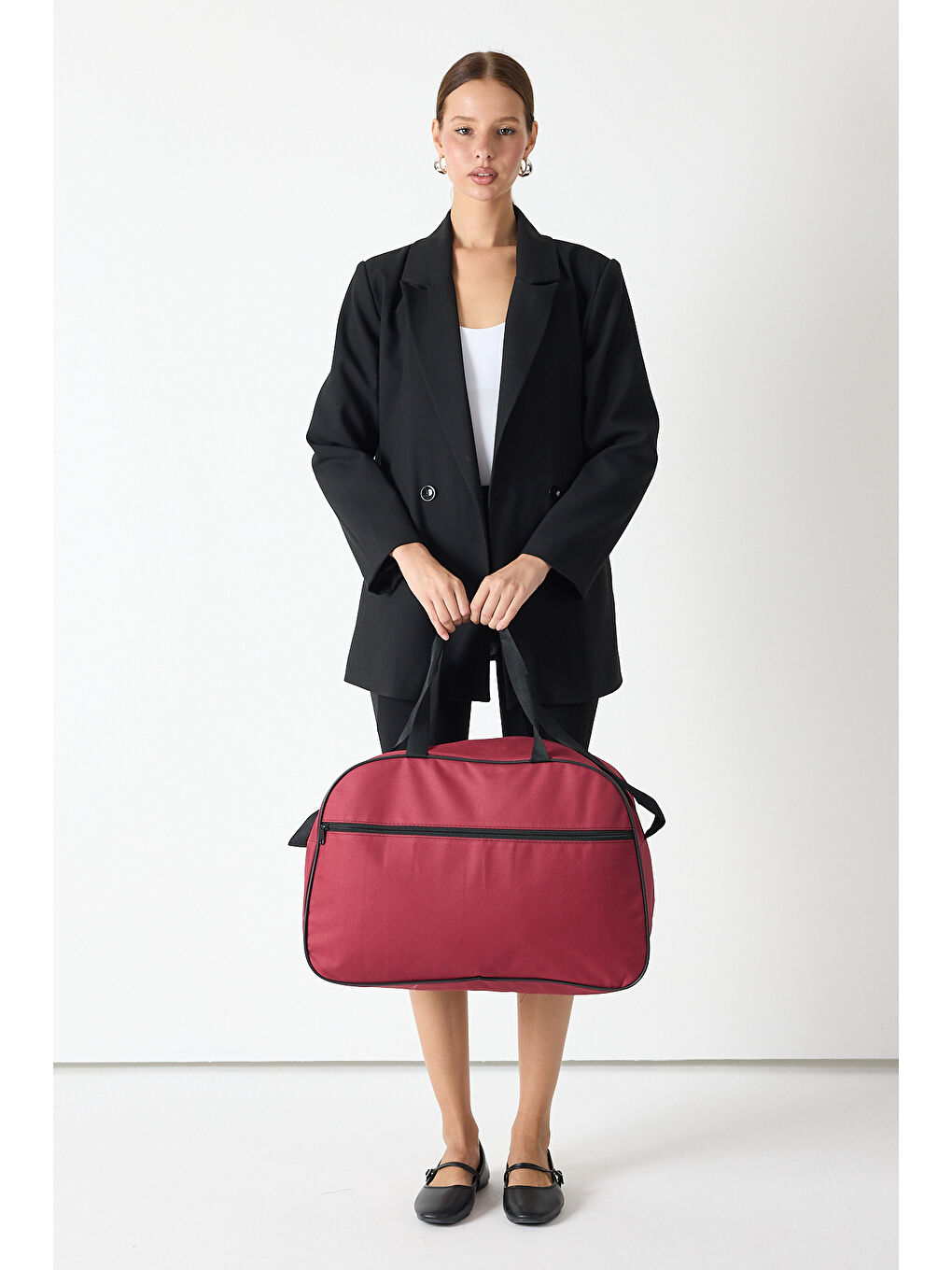 Unisex Bordo Önü Fermuarlı Seyehat ve Spor Çantası-1