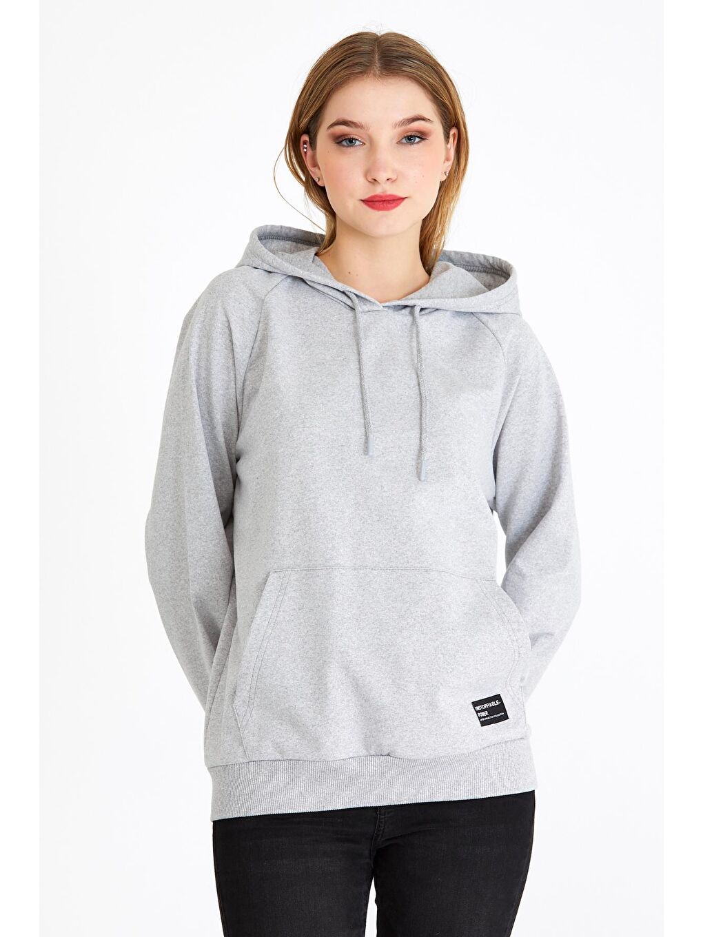 MMETALIC Gri Kadın Gri Kapüşonlu Basic Örme Sweatshirt