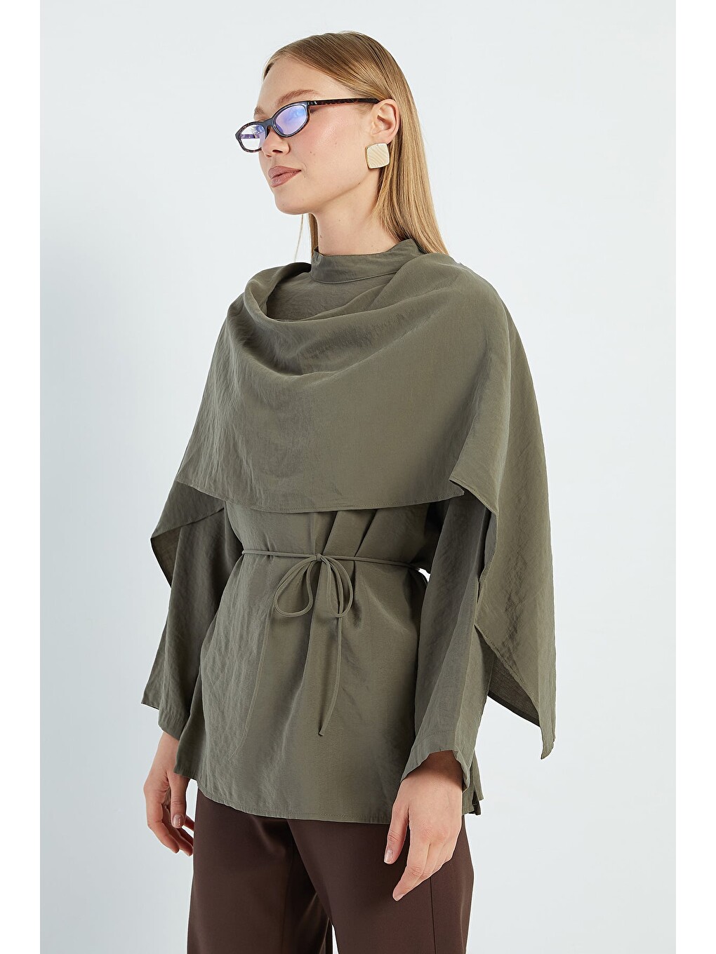 Haki Fullamodest Şal Detaylı Beli Bağlamalı Tunik-2