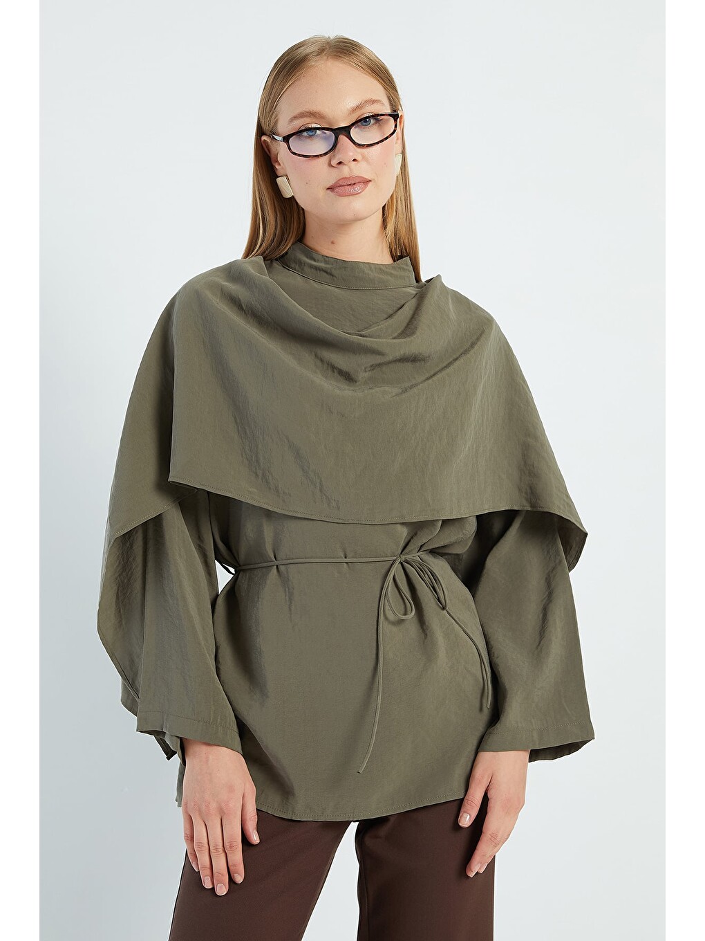 Haki Fullamodest Şal Detaylı Beli Bağlamalı Tunik-3