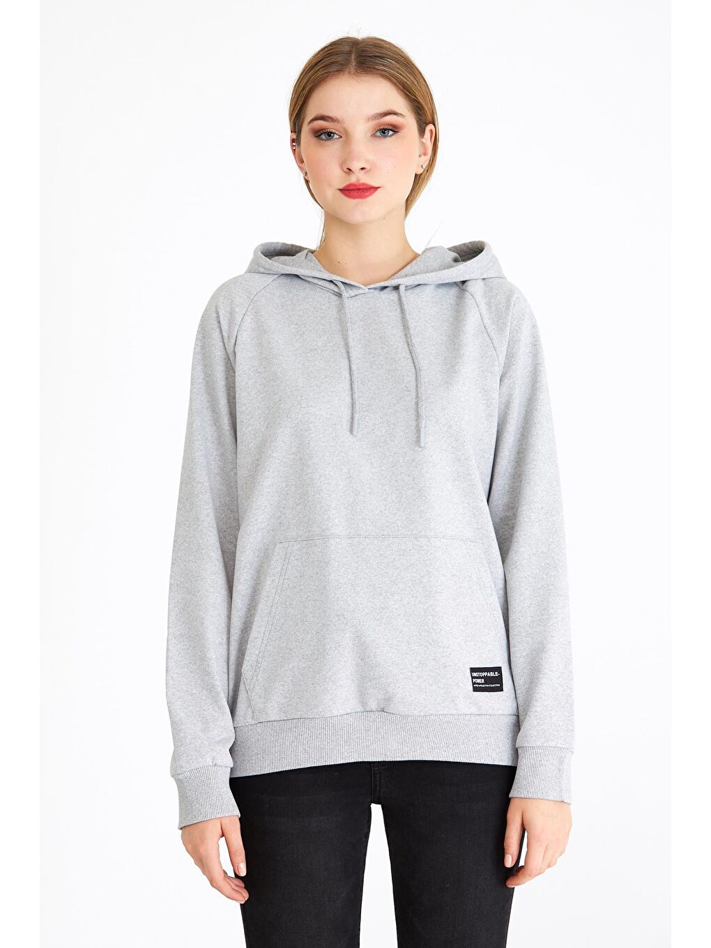 MMETALIC Gri Kadın Gri Kapüşonlu Basic Örme Sweatshirt - 1