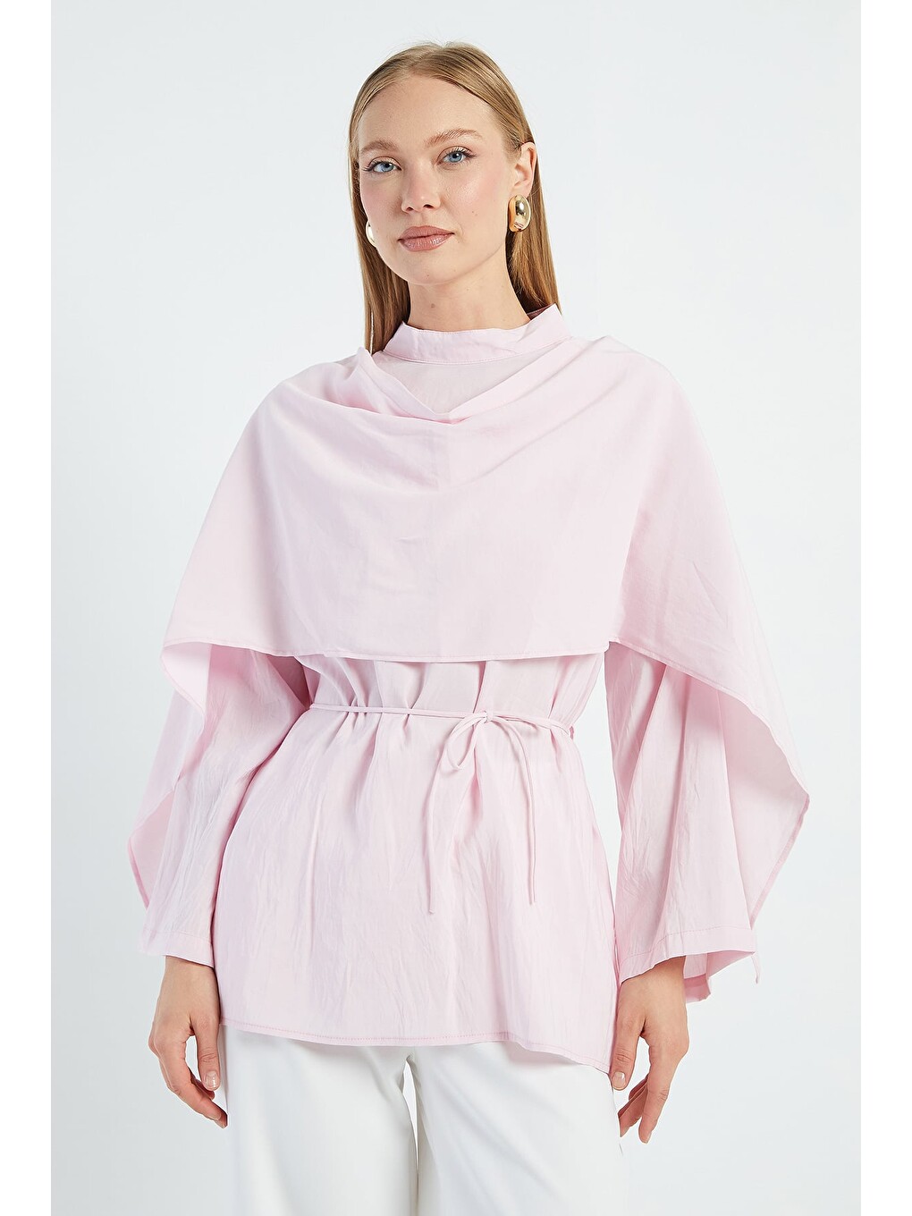 Pembe Fullamodest Şal Detaylı Beli Bağlamalı Tunik-1