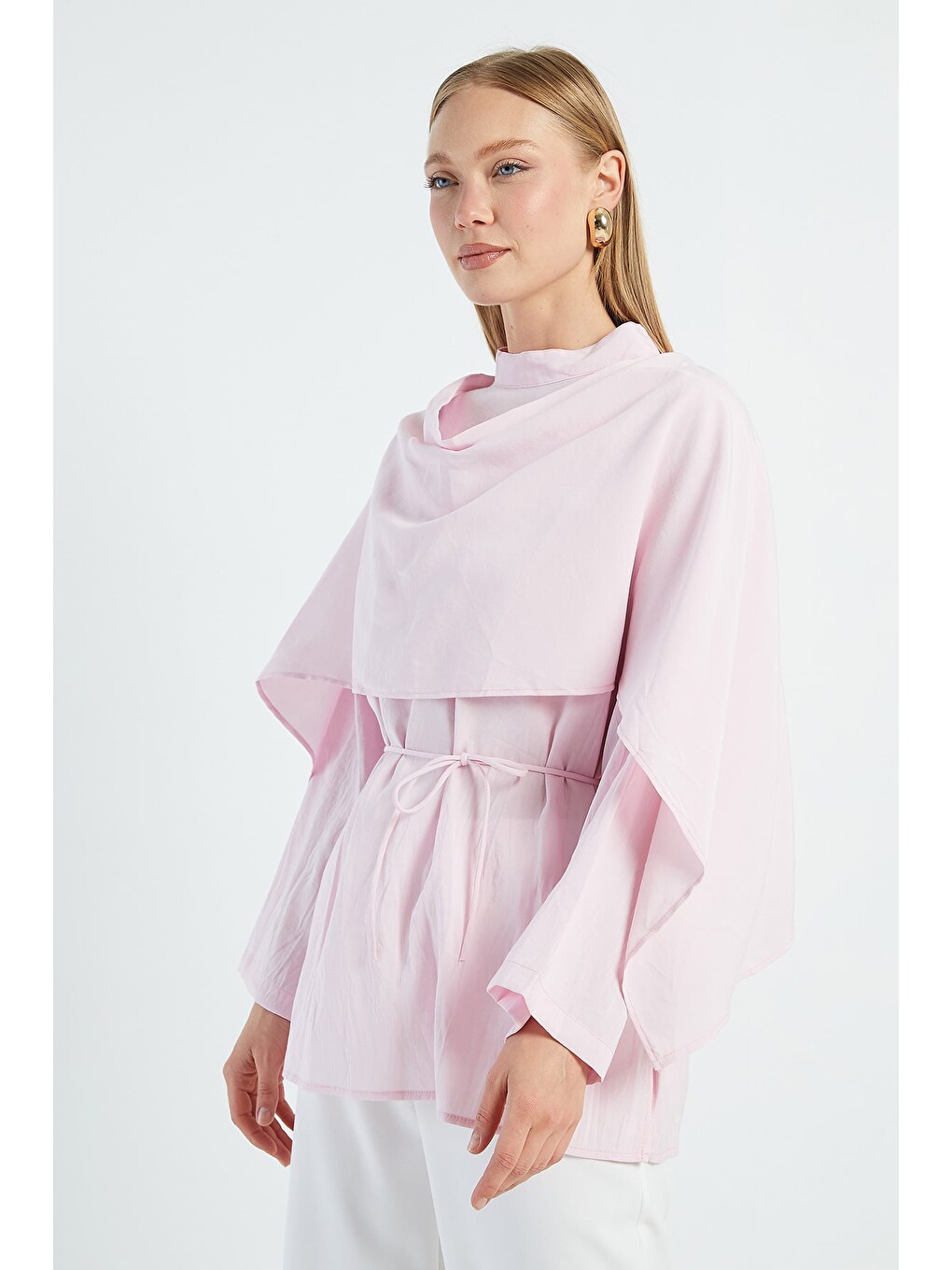 Pembe Fullamodest Şal Detaylı Beli Bağlamalı Tunik-2