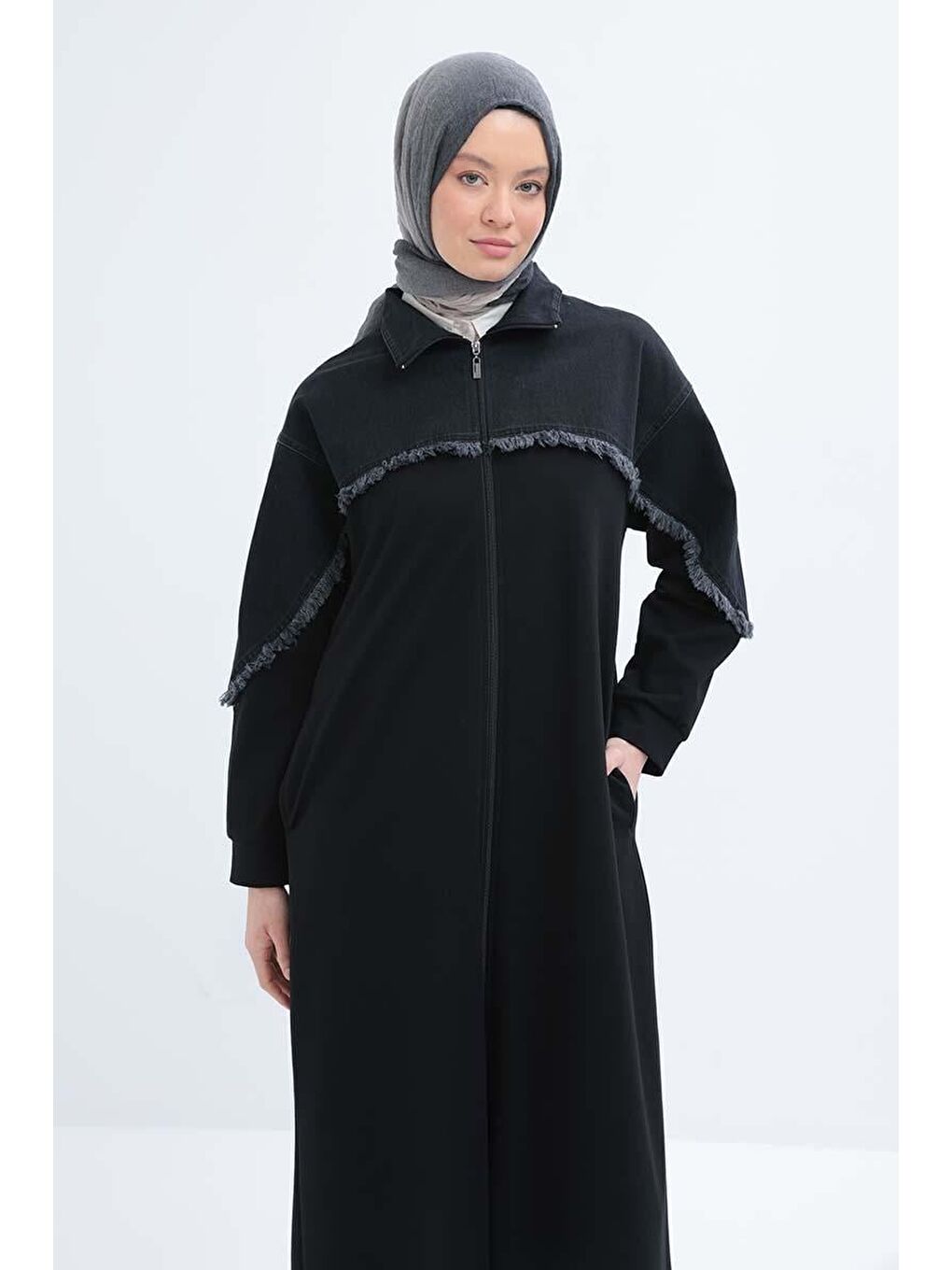 Siyah-Denİm Garnİlİ Ferace-4