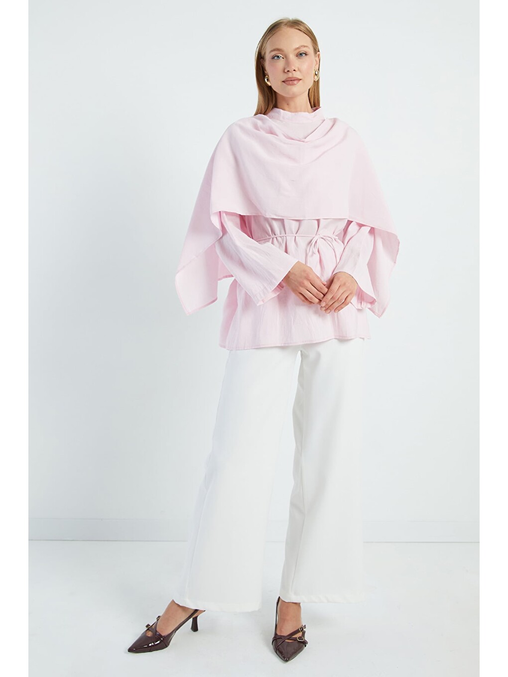 Pembe Fullamodest Şal Detaylı Beli Bağlamalı Tunik-3