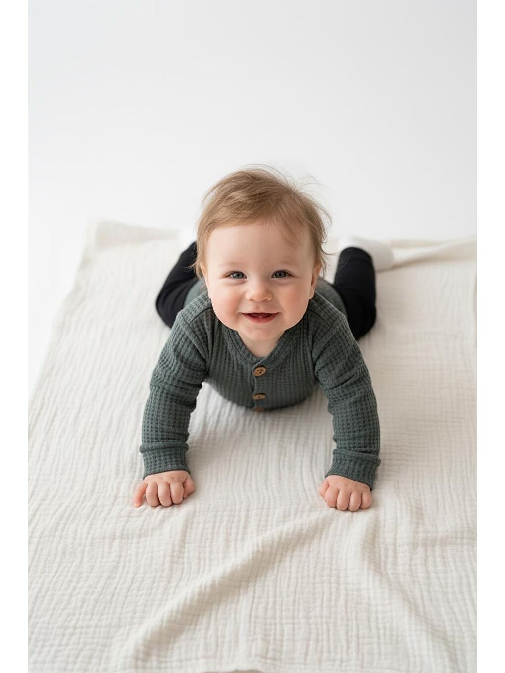 Haki Elastanlı Gofre Bebek Hırka-1