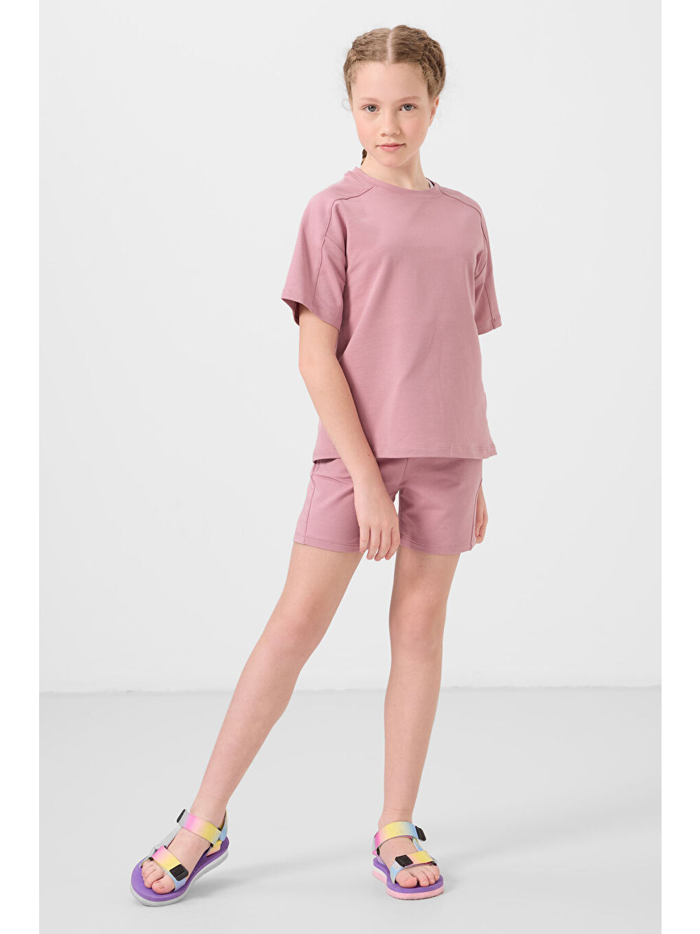 Pembe Gül Kurusu Pamuklu Yumuşak Dokulu Standart Fit Basic Kız Çocuk Şort Takım - 75184-1