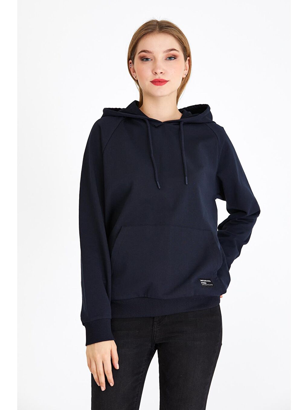 MMETALIC Lacivert Kadın Lacivert Kapüşonlu Basic Örme Sweatshirt