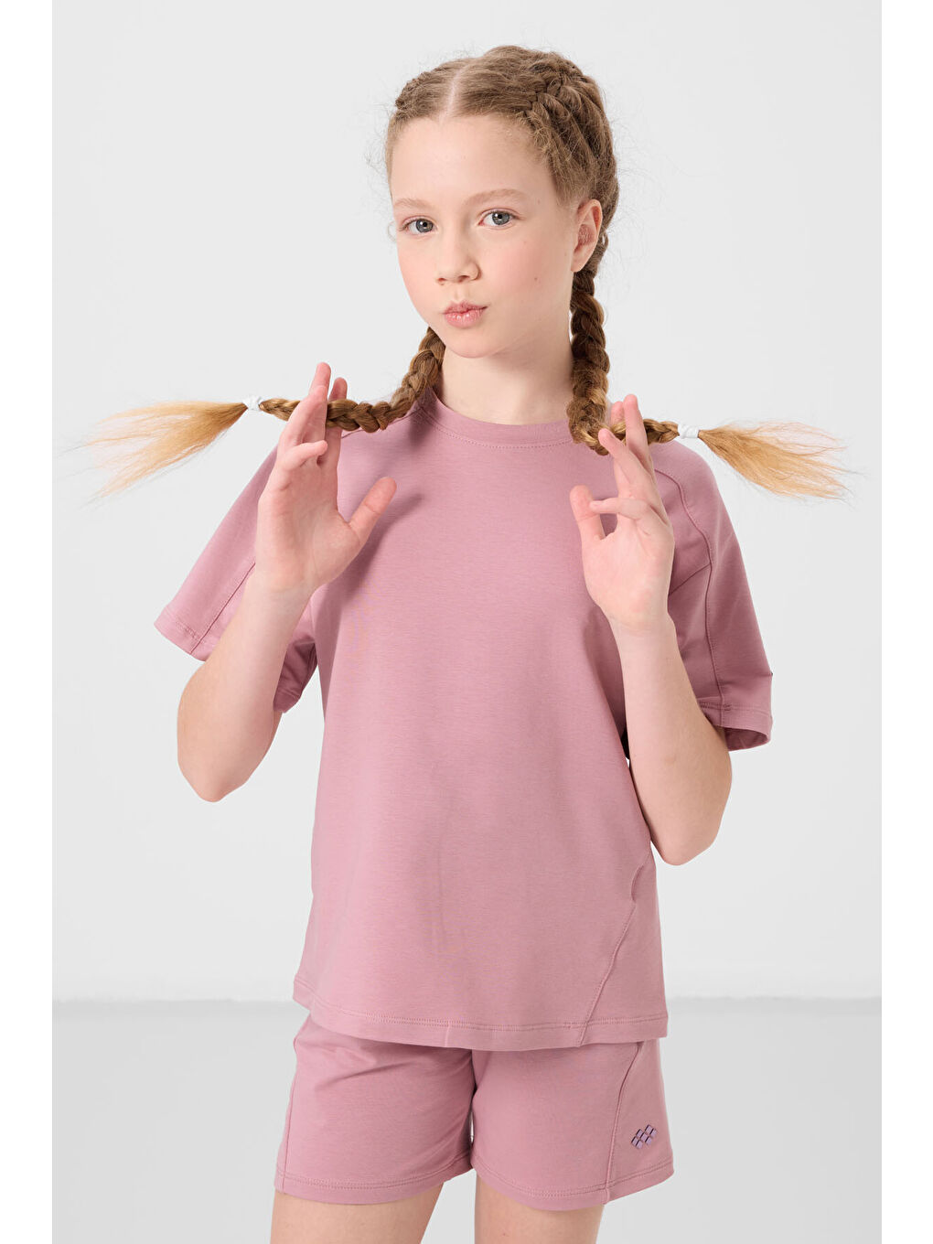 Pembe Gül Kurusu Pamuklu Yumuşak Dokulu Standart Fit Basic Kız Çocuk Şort Takım - 75184-2