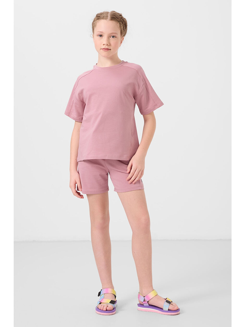 Pembe Gül Kurusu Pamuklu Yumuşak Dokulu Standart Fit Basic Kız Çocuk Şort Takım - 75184