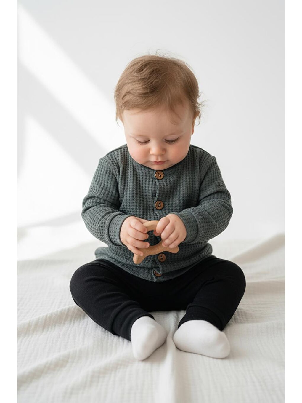 Haki Elastanlı Gofre Bebek Hırka-2