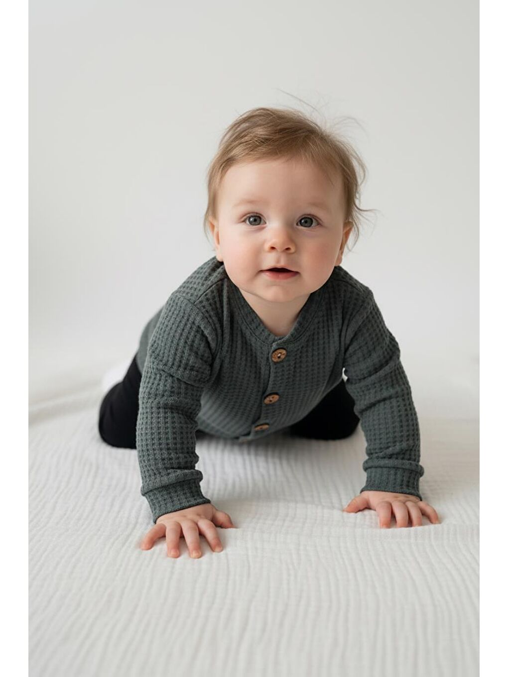 Haki Elastanlı Gofre Bebek Hırka-4
