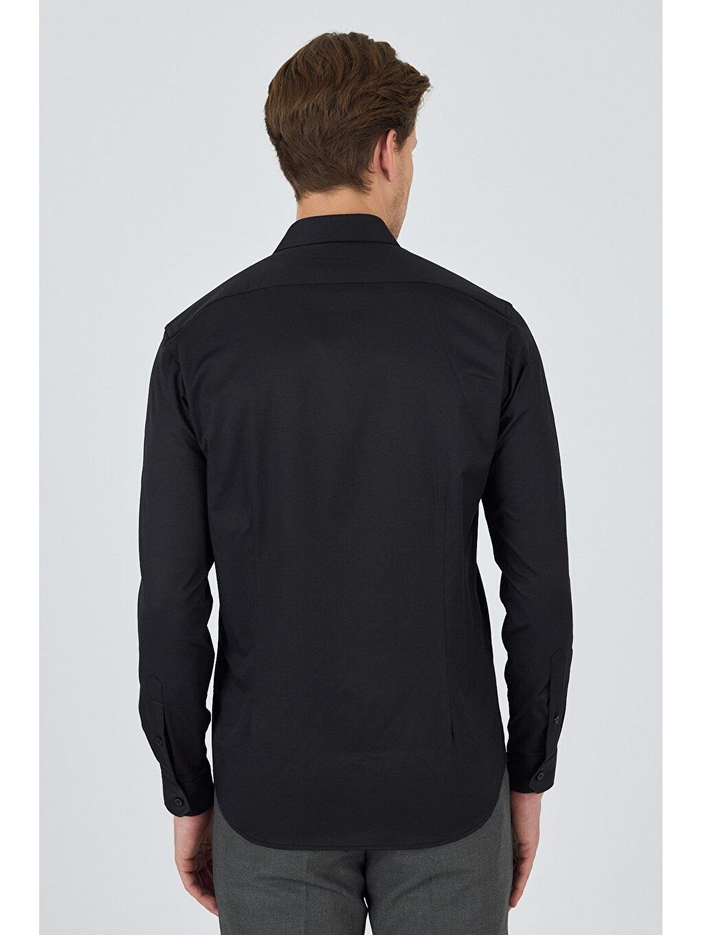 Siyah Uzun Kol Düz Bez Ayağı Sert Yaka Cepsiz Pamuklu Classic Slim Fit Gömlek 1004250195-4