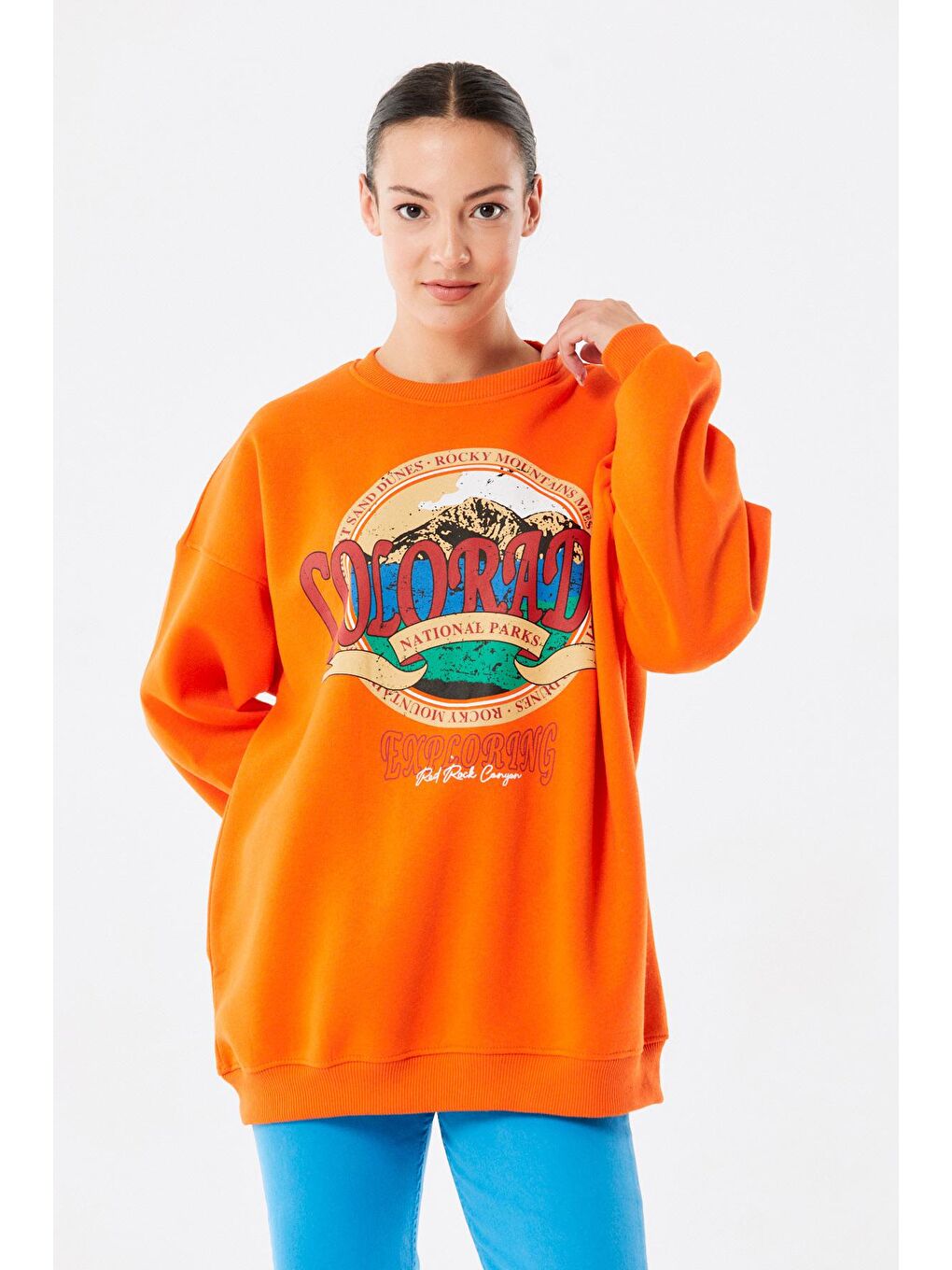 Fullamoda Turuncu Colorado Baskılı Bisiklet Yaka Oversize Sweatshirt - 1