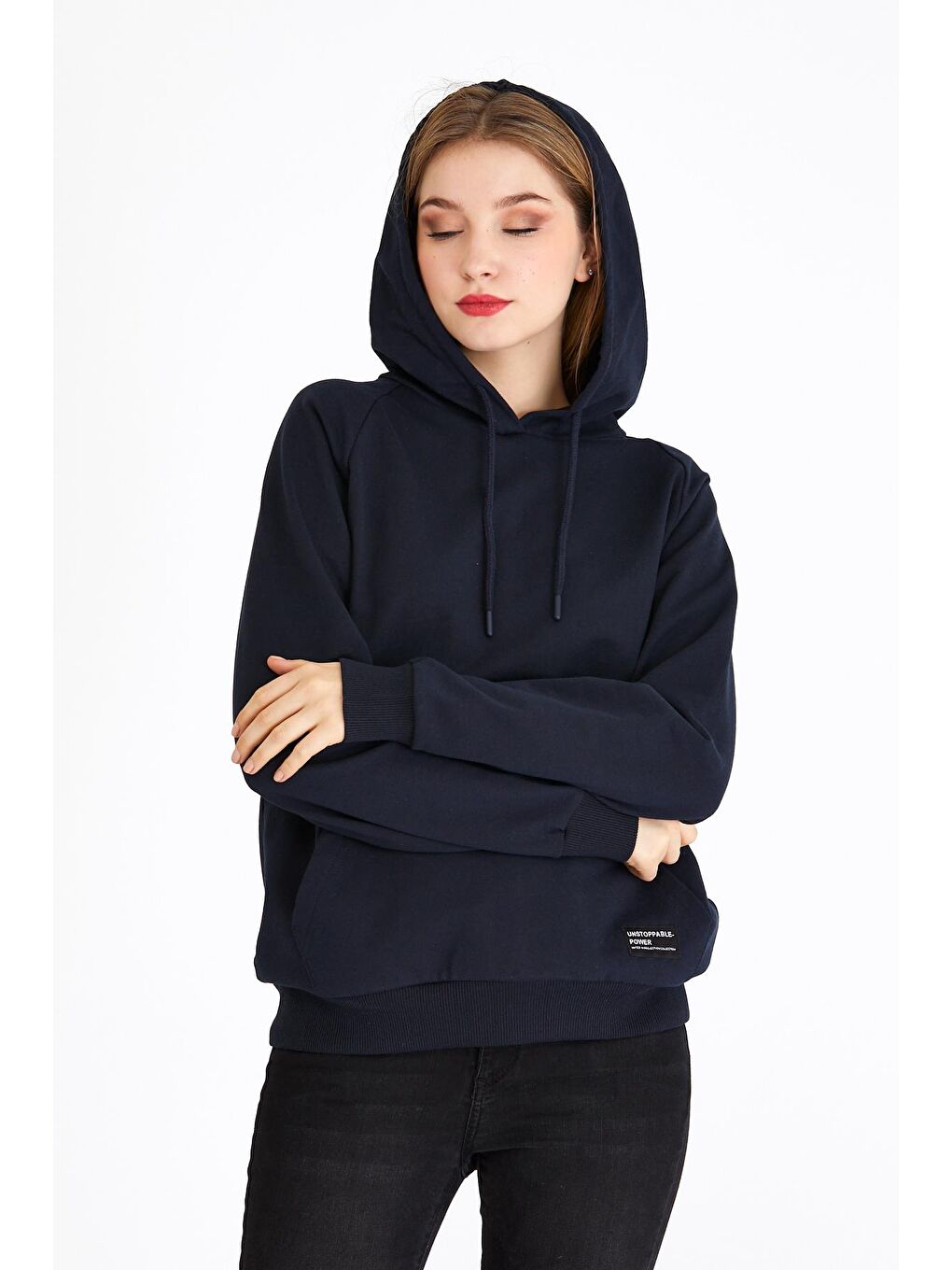 MMETALIC Lacivert Kadın Lacivert Kapüşonlu Basic Örme Sweatshirt - 3