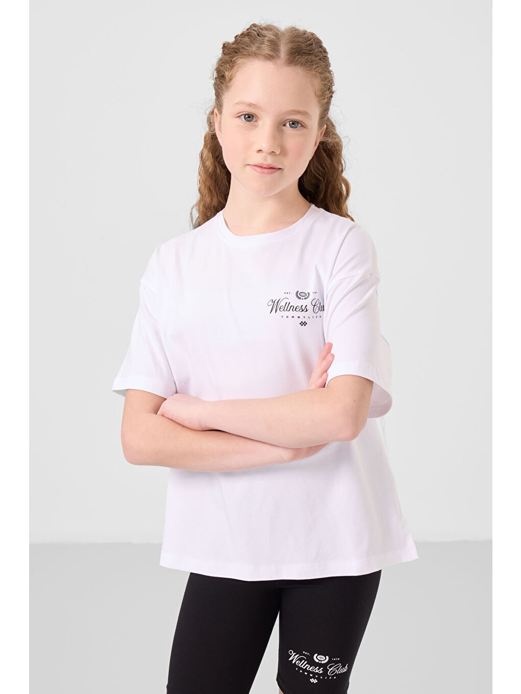 Beyaz-Siyah Pamuklu O Yaka Standart Fit Baskılı Kız Çocuk Tayt Takım - 75190-4