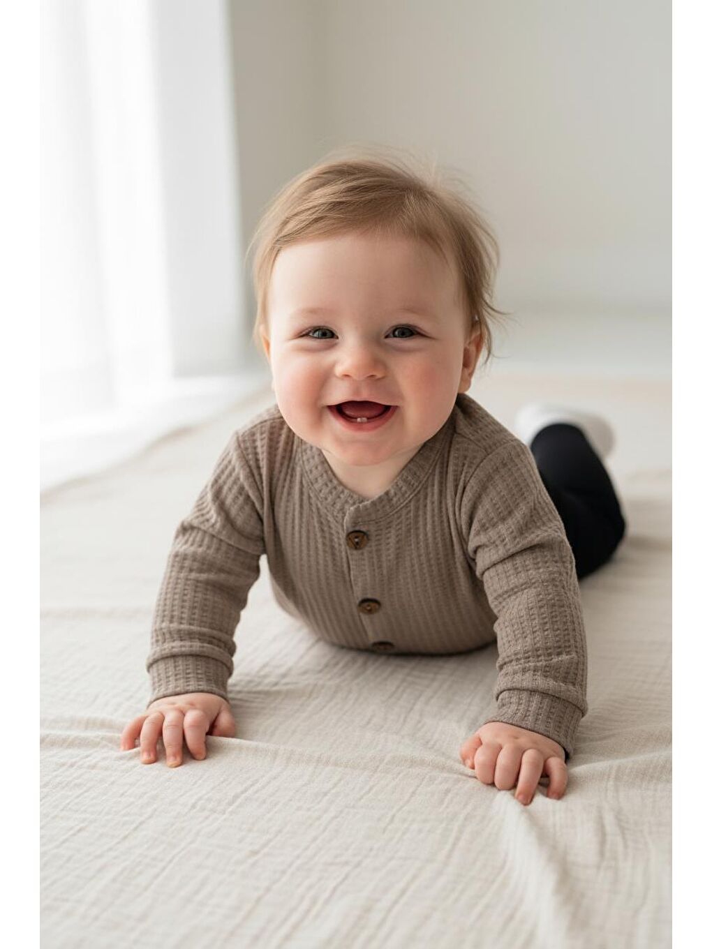 Bej Elastanlı Gofre Bebek Hırka-1
