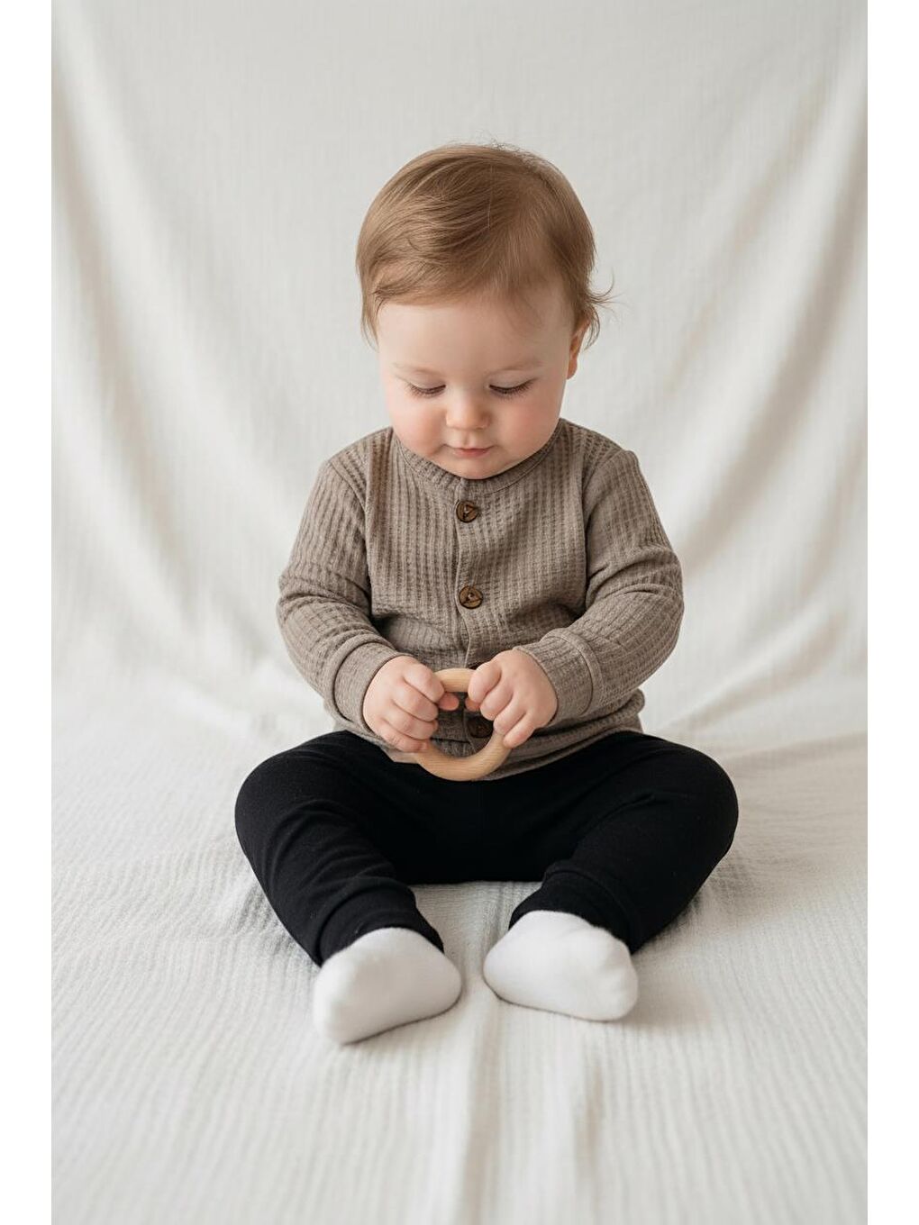 Bej Elastanlı Gofre Bebek Hırka-2