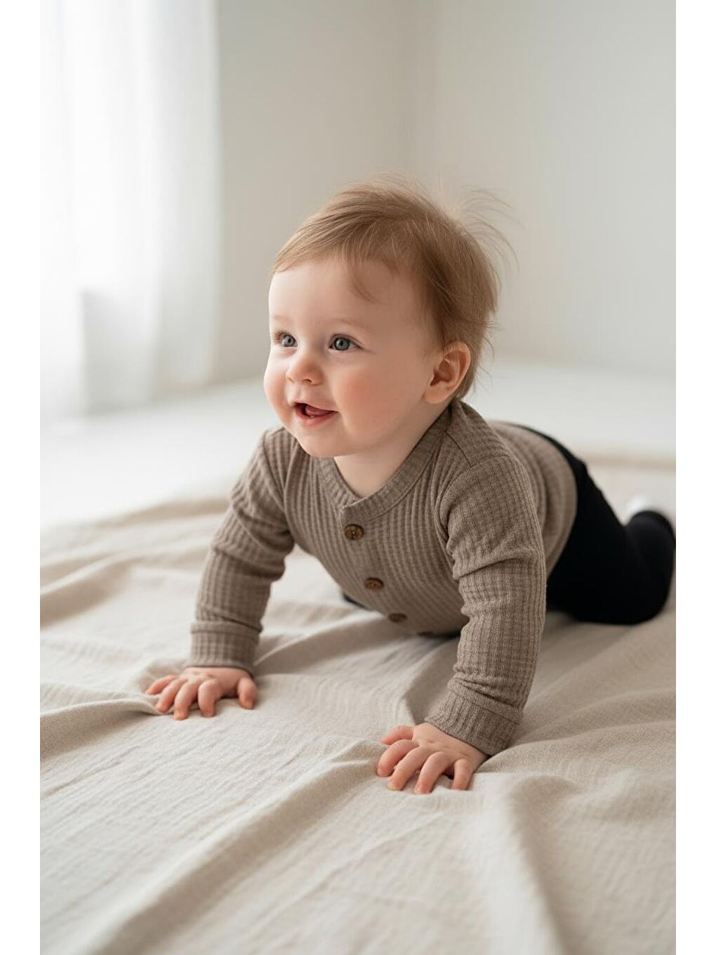 Bej Elastanlı Gofre Bebek Hırka-4