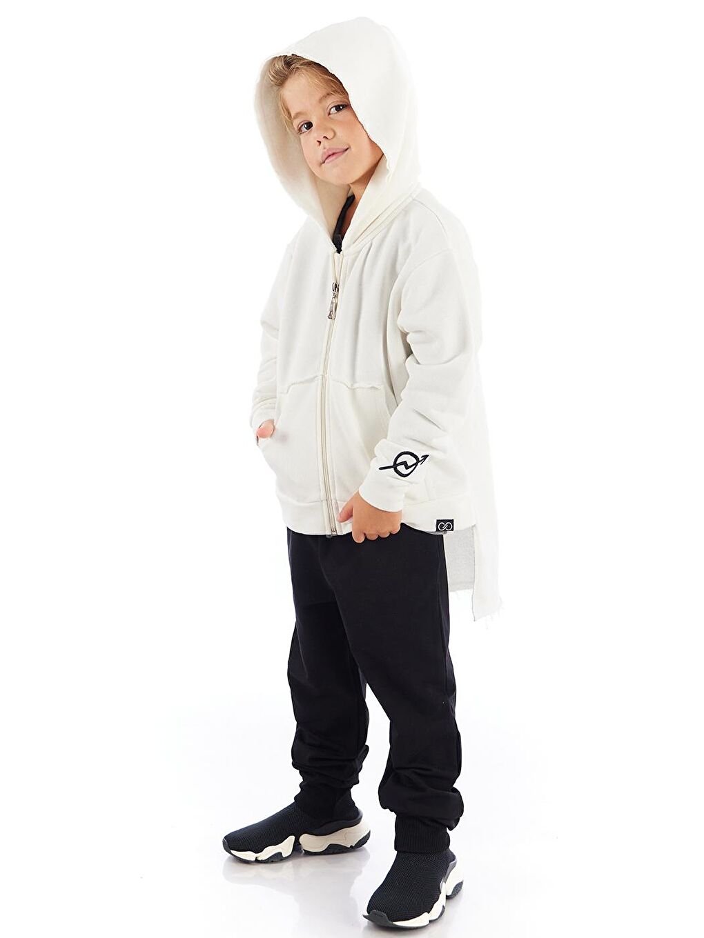 Ekru End Frag Kapişonlu Uzun Erkek Çocuk Sweatshirt Hırka