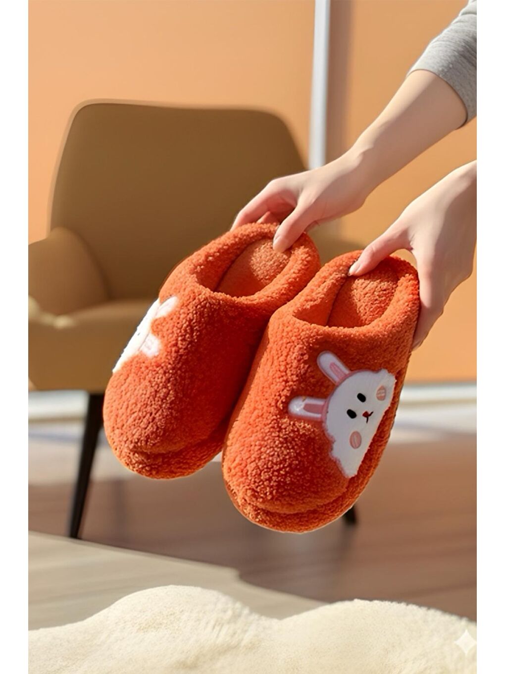Turuncu Ft 101 Tavşan Nakışlı Kadın Ev Terliği Pelüş Terlik Çeyiz ve Bohça Terliği Ses Yapmaz Kalın Taban