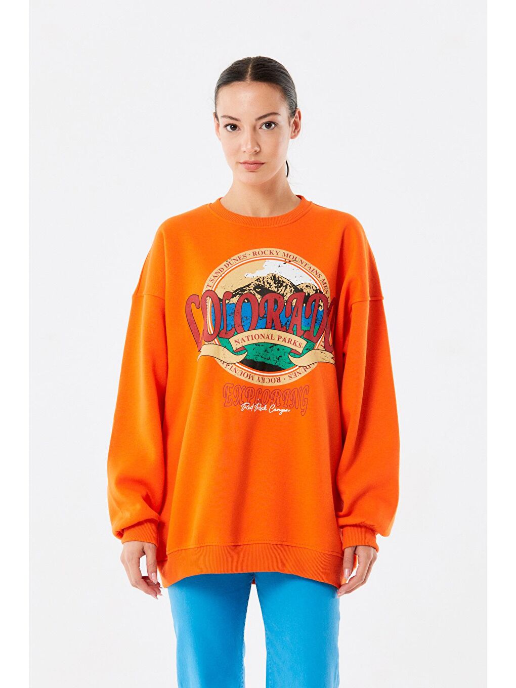 Fullamoda Turuncu Colorado Baskılı Bisiklet Yaka Oversize Sweatshirt - 4