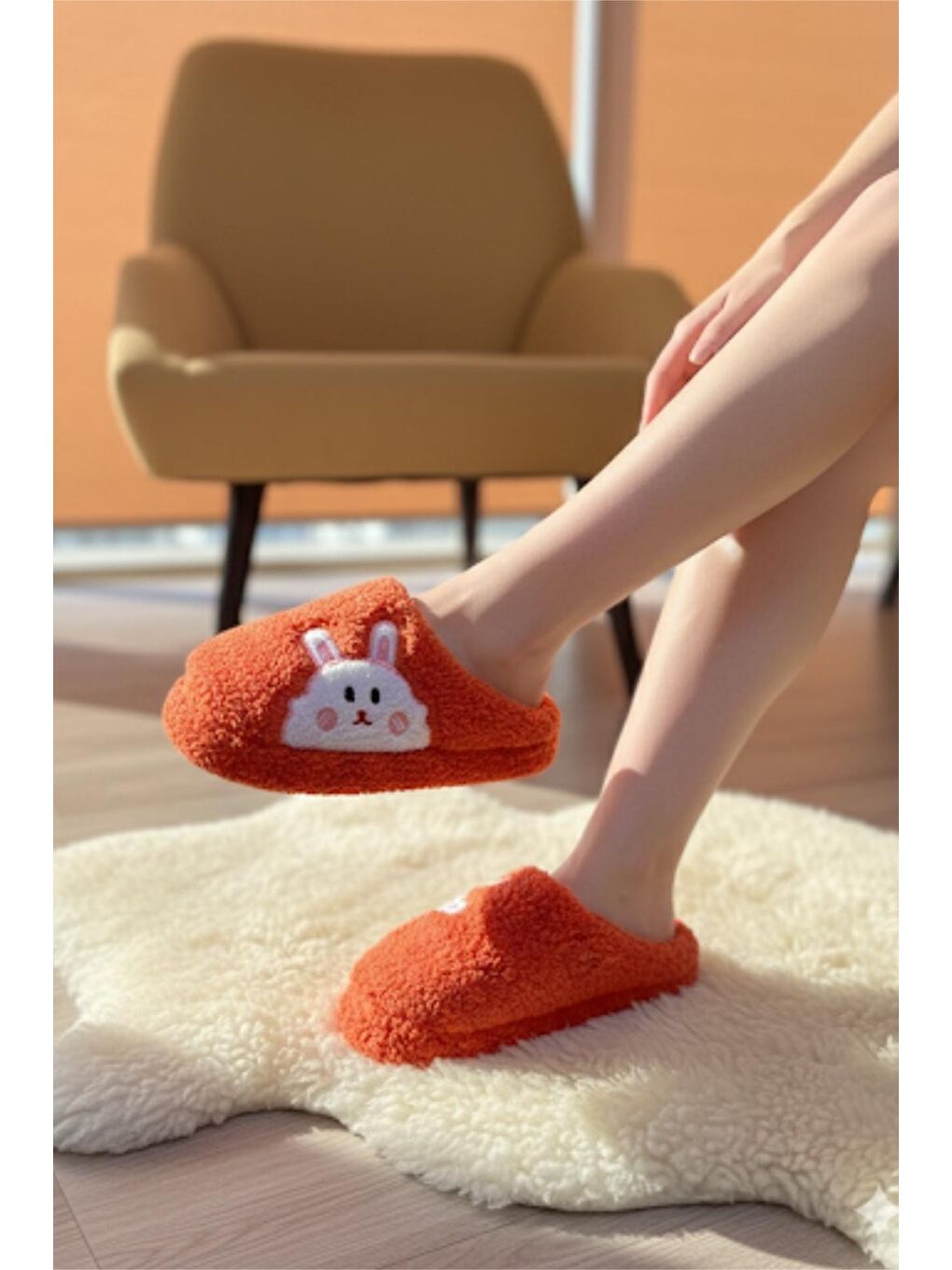 Turuncu Ft 101 Tavşan Nakışlı Kadın Ev Terliği Pelüş Terlik Çeyiz ve Bohça Terliği Ses Yapmaz Kalın Taban-1