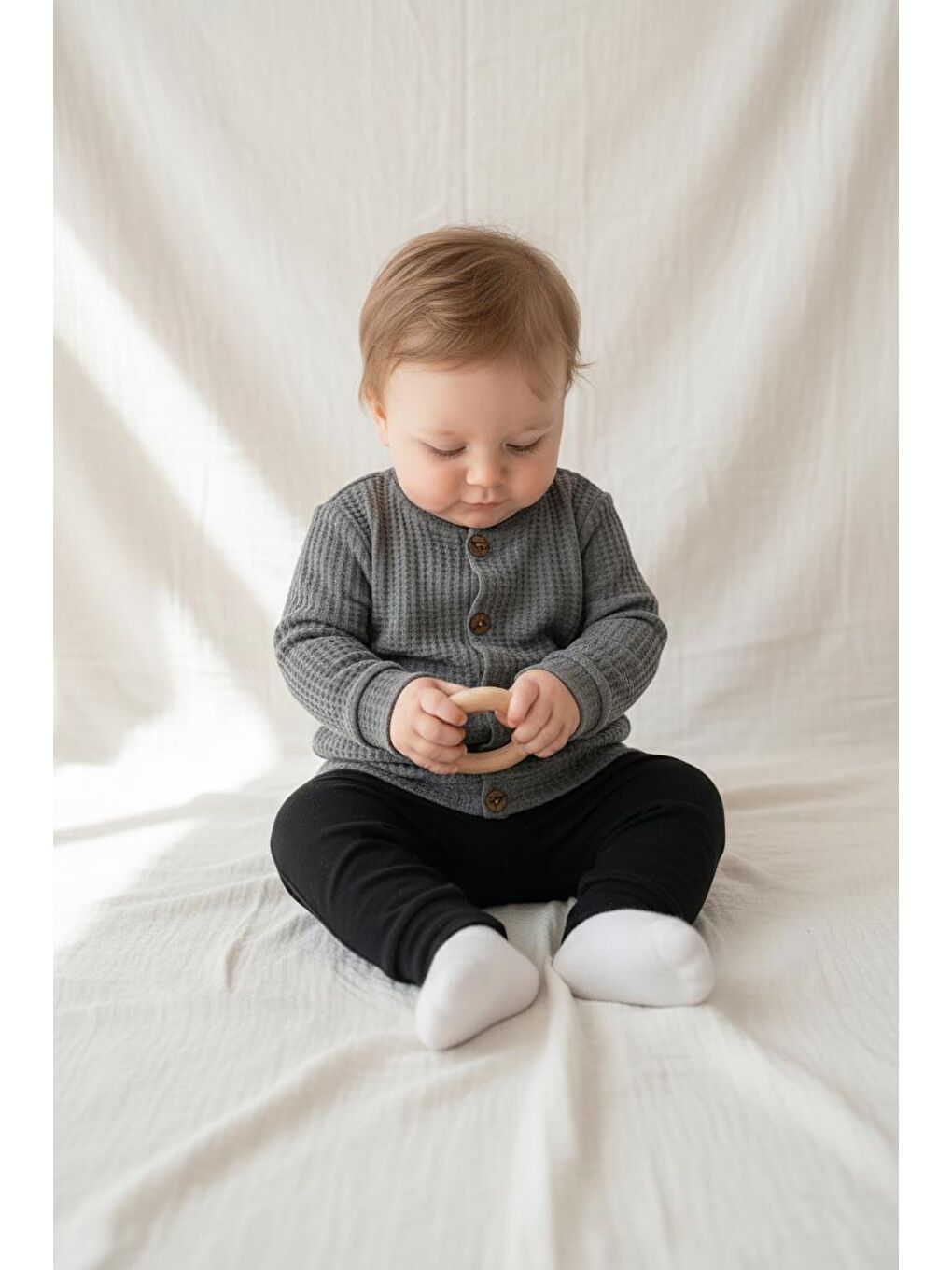 Bej Elastanlı Gofre Bebek Hırka-2