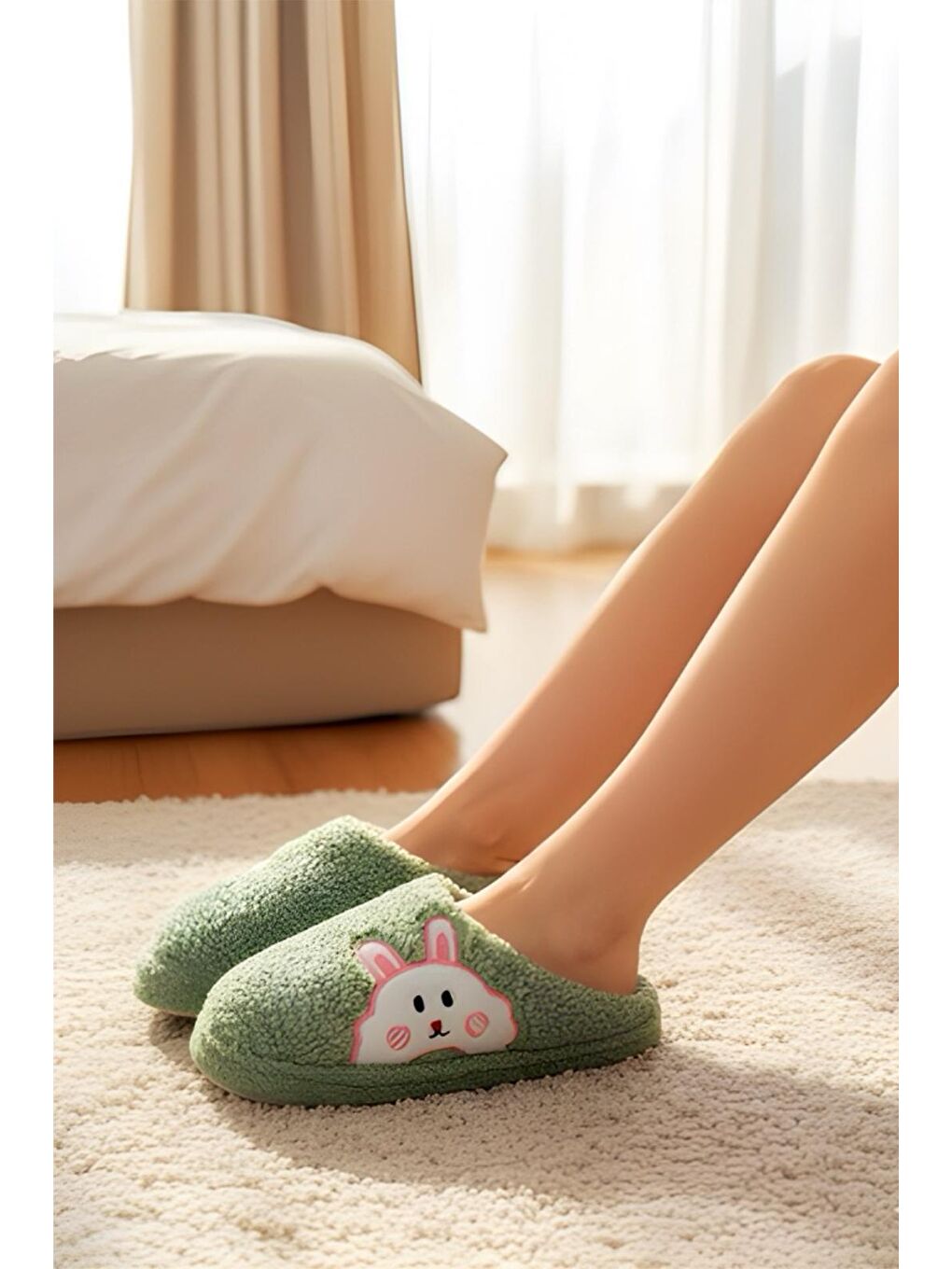 Yeşil Ft 101 Tavşan Nakışlı Kadın Ev Terliği Pelüş Terlik Çeyiz ve Bohça Terliği Ses Yapmaz Kalın Taban-1