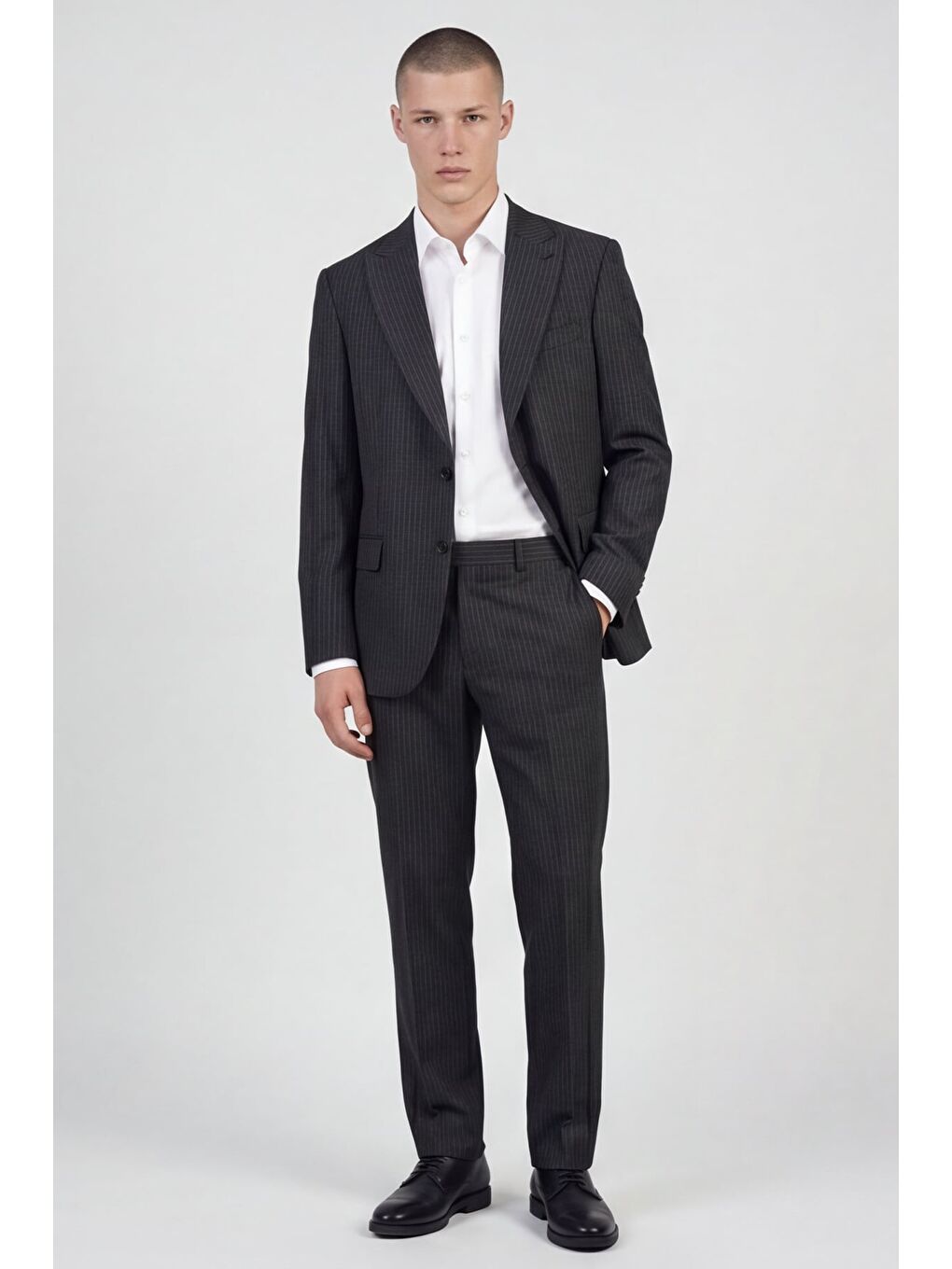 Giotelli Erkek Koyu Gri Dar Kesim Slim Fit Yünlü Dokuma Çizgili Klasik Yaka 4 Drop Takım Elbise-3